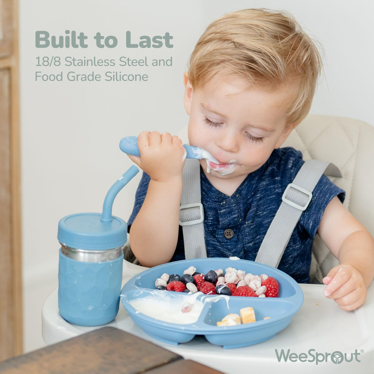 WeeSprout - Utensilios para niños pequeños, 3 tenedores y 3 cucharas, acero inoxidable 18/8 y silicona de grado alimenticio, asas gruesas de fácil agarre, longitud perfecta para nuevos