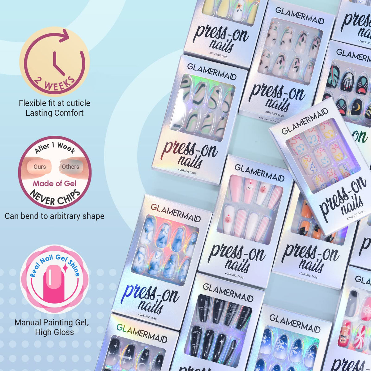 GLAMERMAID Presione En Las Uñas Medio Almendra, Halloween Gótico Negro Ombre Francés Punta Pegamento En Uñas de Gel, 24 Piezas Corto Stiletto Acrílico Uñas Postizas Kits Reutilizables Cubierta Complet