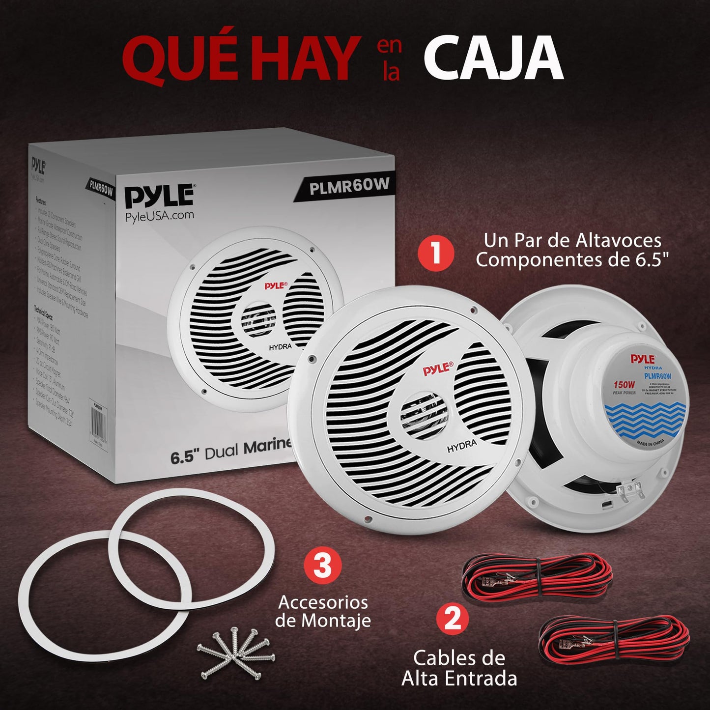Pyle Bocinas Marinas 6.5 Pulgadas 150 Vatios, 2 Vías, Altavoces para Exteriores, Impermeables y Resistentes, Cono Policarbonato, Borde de Tela,1Par