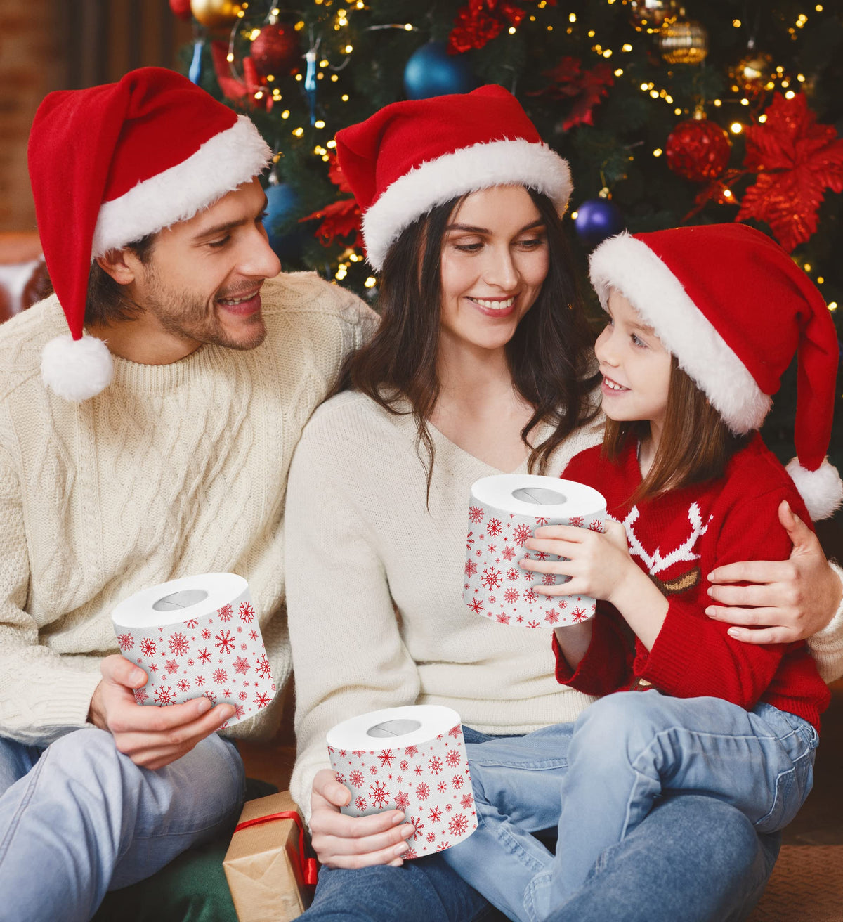Papel Higiénico Impreso Printed TP Copos de Nieve Rojos Navidad Decoración Divertida
