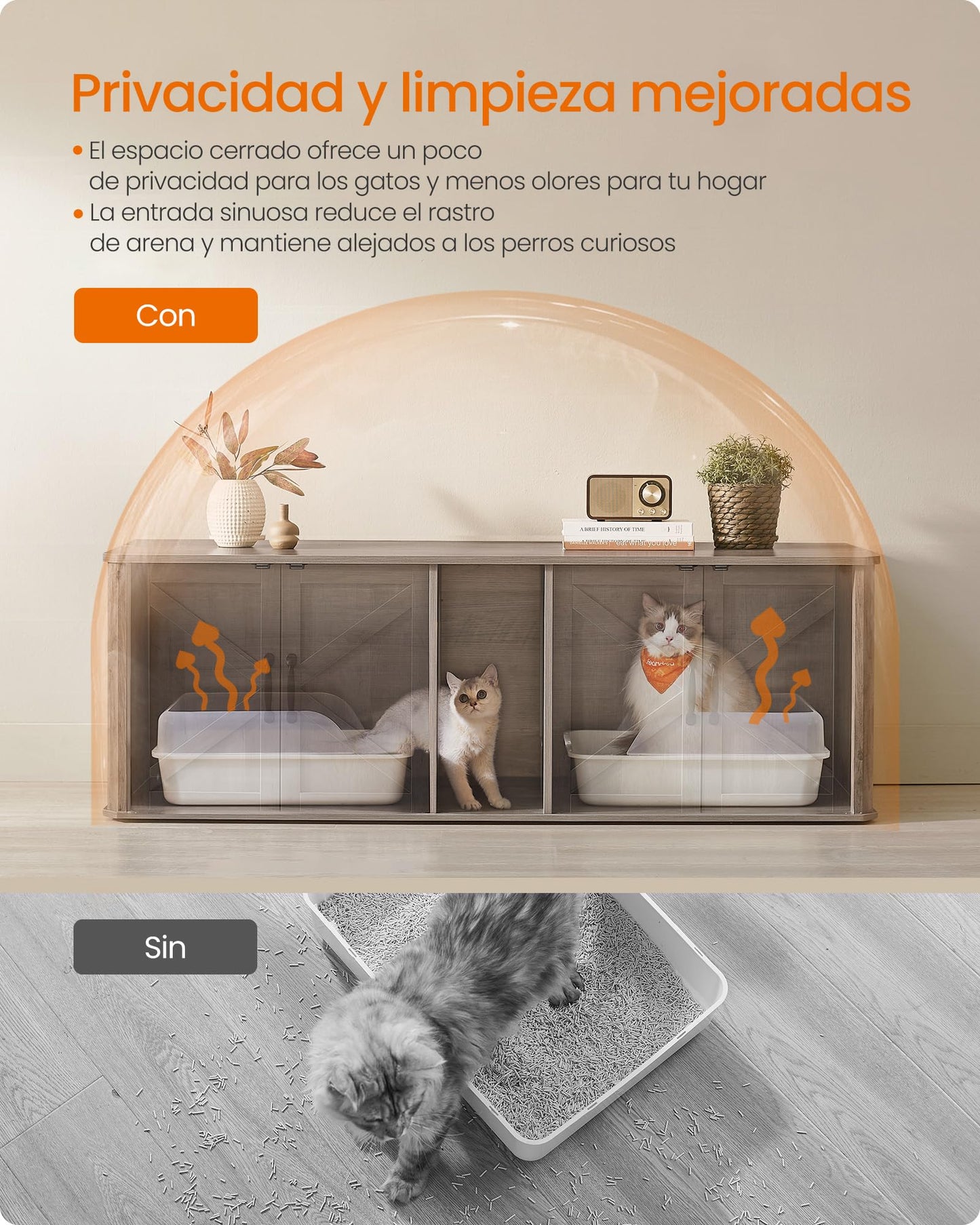 Feandrea Mueble Arenero para Gatos, Caja de Arena para 2 Gatos, Mesa Auxiliar, 145.6 x 48.5 x 50 cm, Greige Mélange MPCL010G01