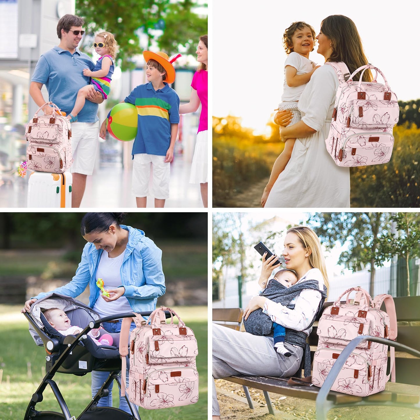 Mochila para pañales, mochila grande para pañales con cambiador portátil, bolsas de pañales para bebés para niñas, mochila de viaje floral multifunción para mamás papás con bolsillos aislados y