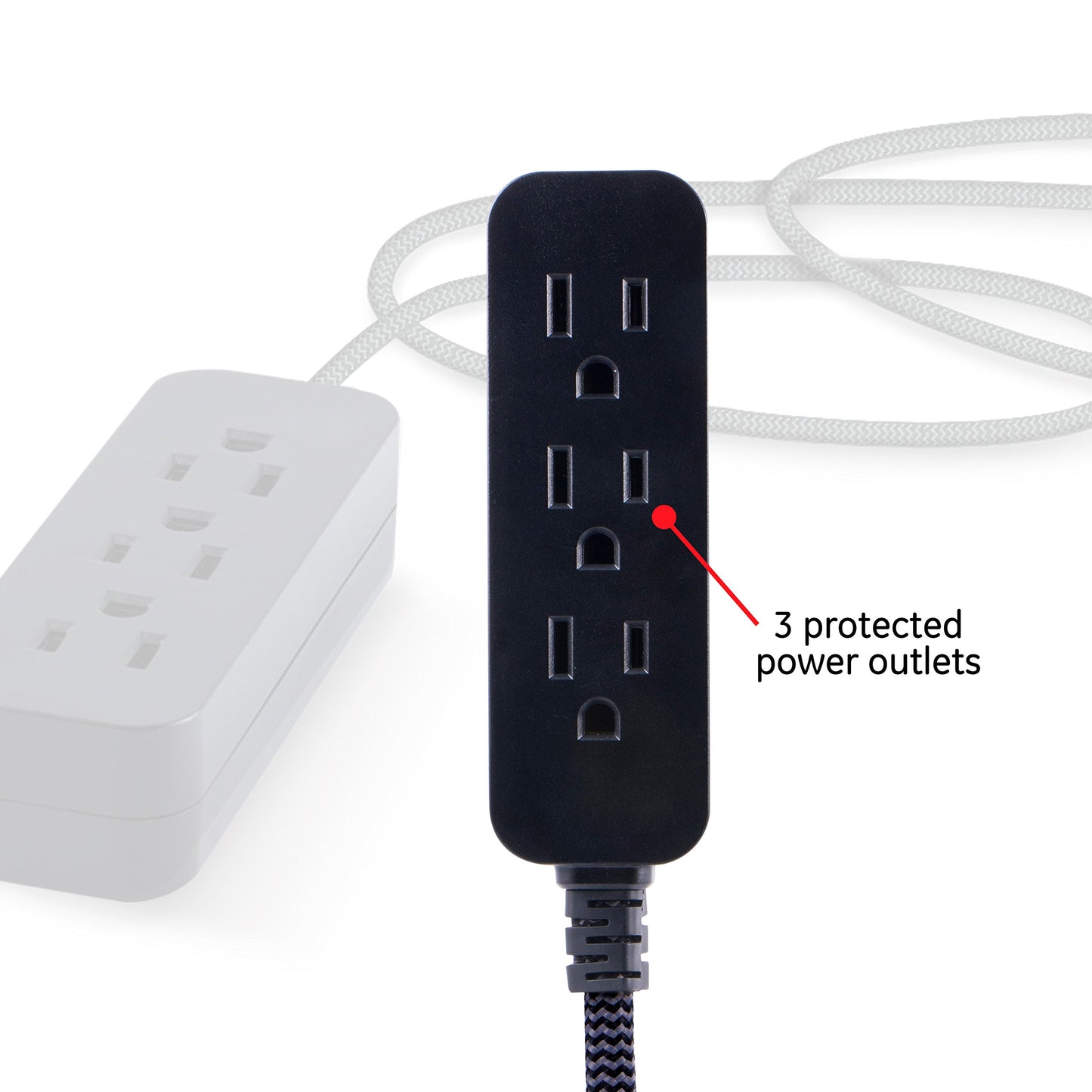 GE Pro Tira Multicontactos De 3 Salidas con Supresor de Picos, Enchufe Plano, Cable De Extensión Trenzado De 2.4 m (8 Pies) 250 Julios, Conectado a Tierra Certificacion UL Negro/Gris 2 Unidades, 53249