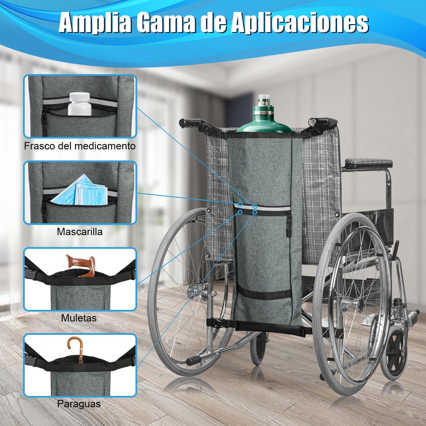 Bulaned Bolsa Portátil para Tanque de Oxígeno, Bolsa Cilíndrica de Oxígeno, Soporte para Tanque de Oxígeno para Silla de Ruedas con Hebillas, Bolsa Cilíndrica Ajustable, Bolsa para Tanque de Oxígeno