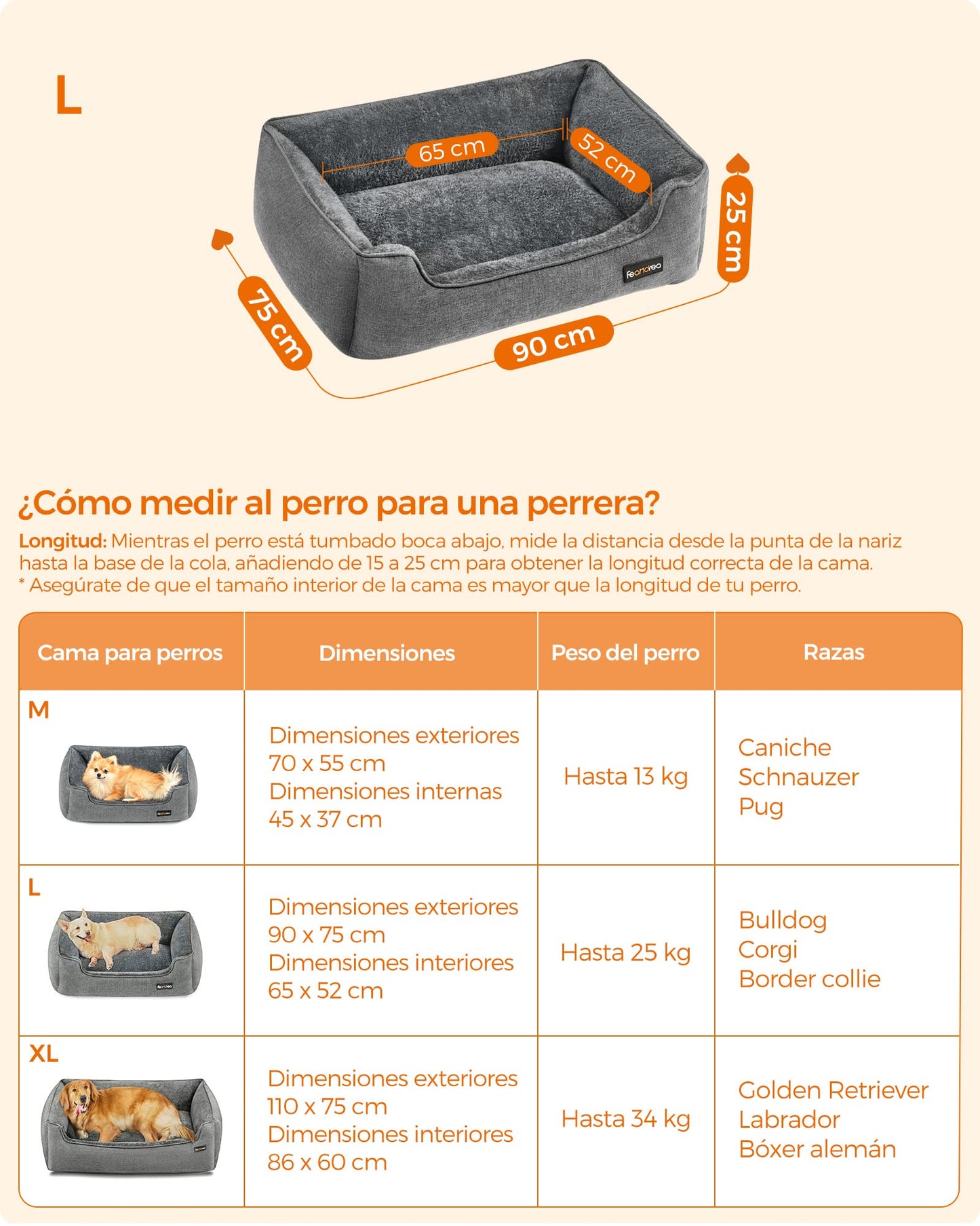 Feandrea Cama para Perros, Sofá para Mascotas, 90 x 75 x 25 cm, Bordes Elevados, L, para Perros Medianos, Gris Claro MPGW11GG