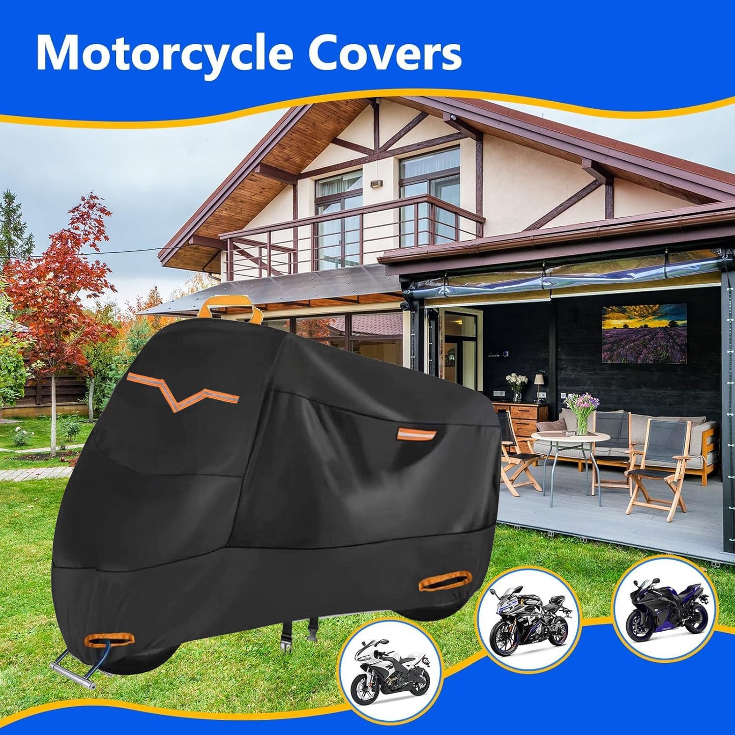 ANNA TOSANI Funda para Moto, 210D Impermeable Cubierta de Motocicleta Cubierta Protector para Moto Exterior y Interior con 3 Tiras Reflectantes y 2 Orificios para Cerradura para Moto 245x105x125cm