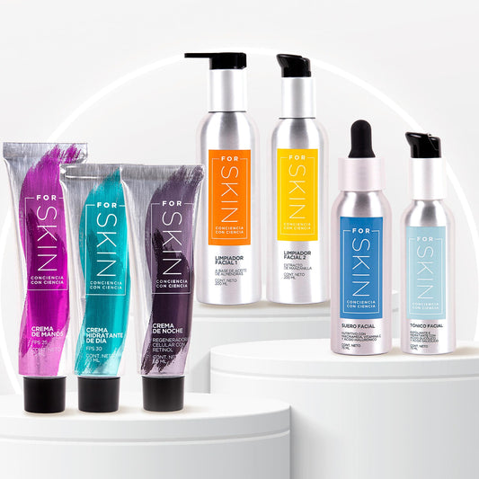 For Skin Kit rutina avanzada | Limpiador desmaquillante | Limpiador con Manzanilla | Tónico facial exfoliante | Suero nutritivo regenerador | Crema hidratante de día | Crema de noche | Crema de manos | Cuidado completo para piel