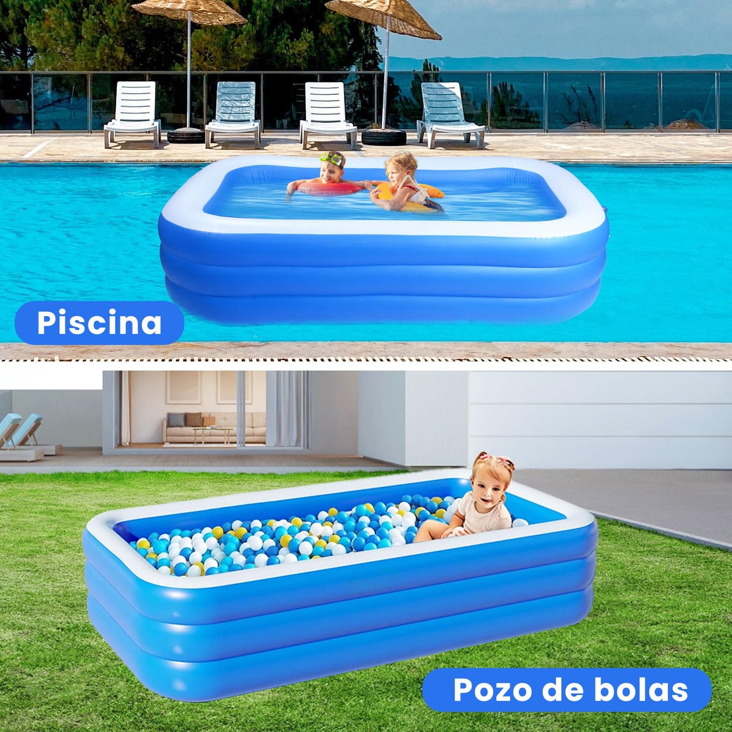 JNNQI Piscina Inflable Familiar 260x175x60 CM, Alberca Inflable Familiares Triple Grande Rectangular con Bolsa de Almacenamiento, Fiesta Acuática de Verano, Piscina Inflable al Aire Libre (Azul)