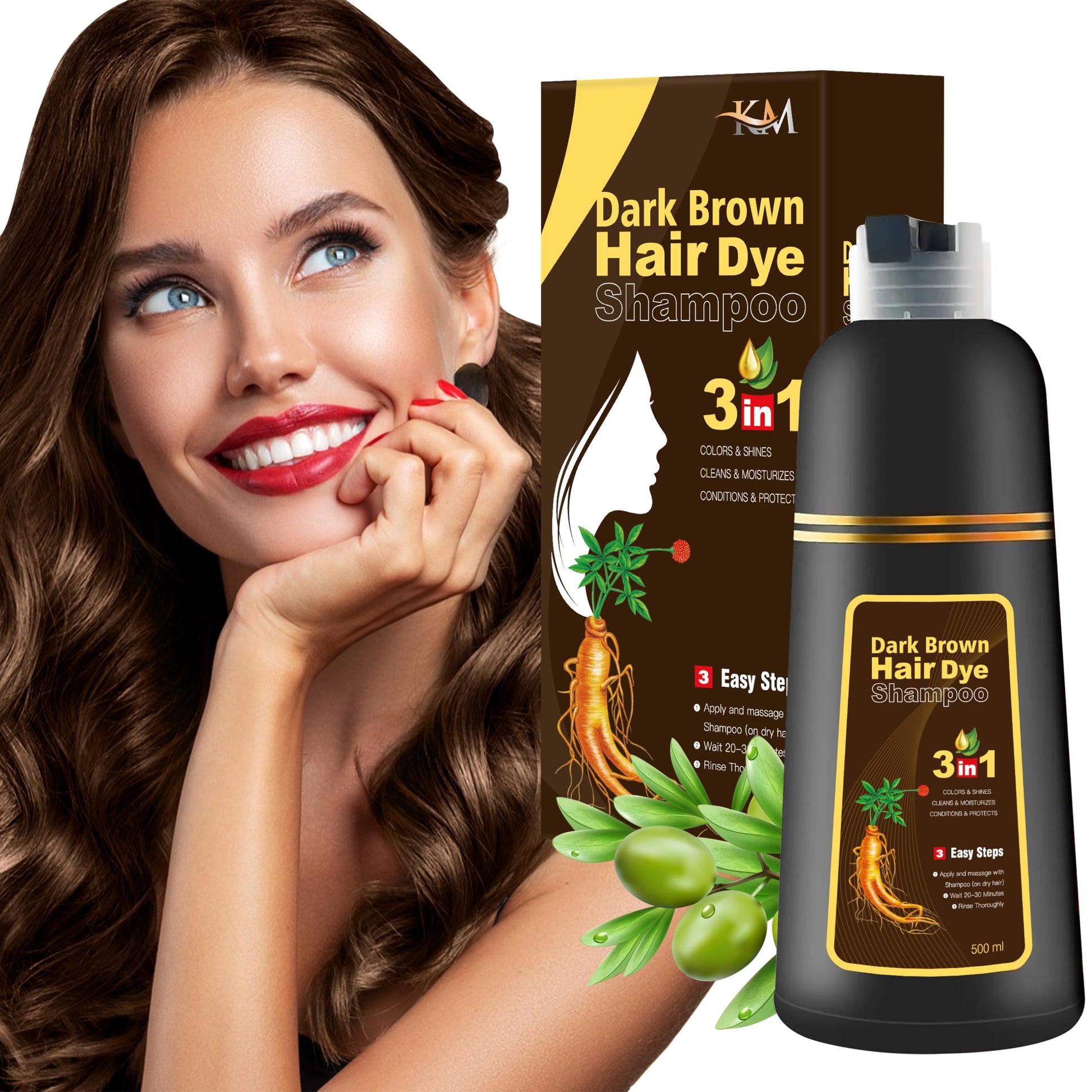 KILOMETS Champú para teñir el cabello/ Tintes Para El Cabello-Champú para teñir el cabello de castaño oscuro para mujeres-Cobertura de canas-Coloración instantánea con ingredientes herbales suaves-Larga duración-Sin amoníaco 500ML