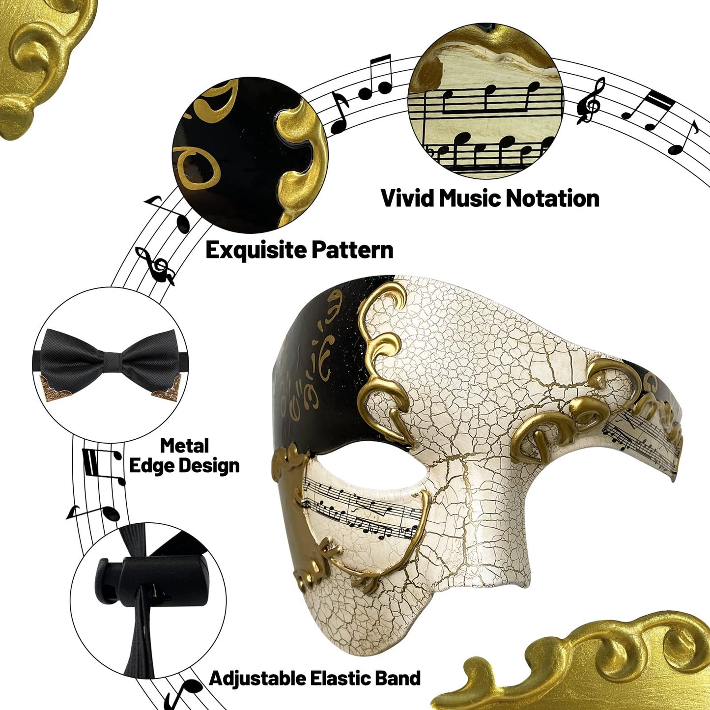 IncreDecor Máscara de mascarada para hombres Phantom of The Opera con lazo, máscaras venecianas para fiesta de Halloween (negro)