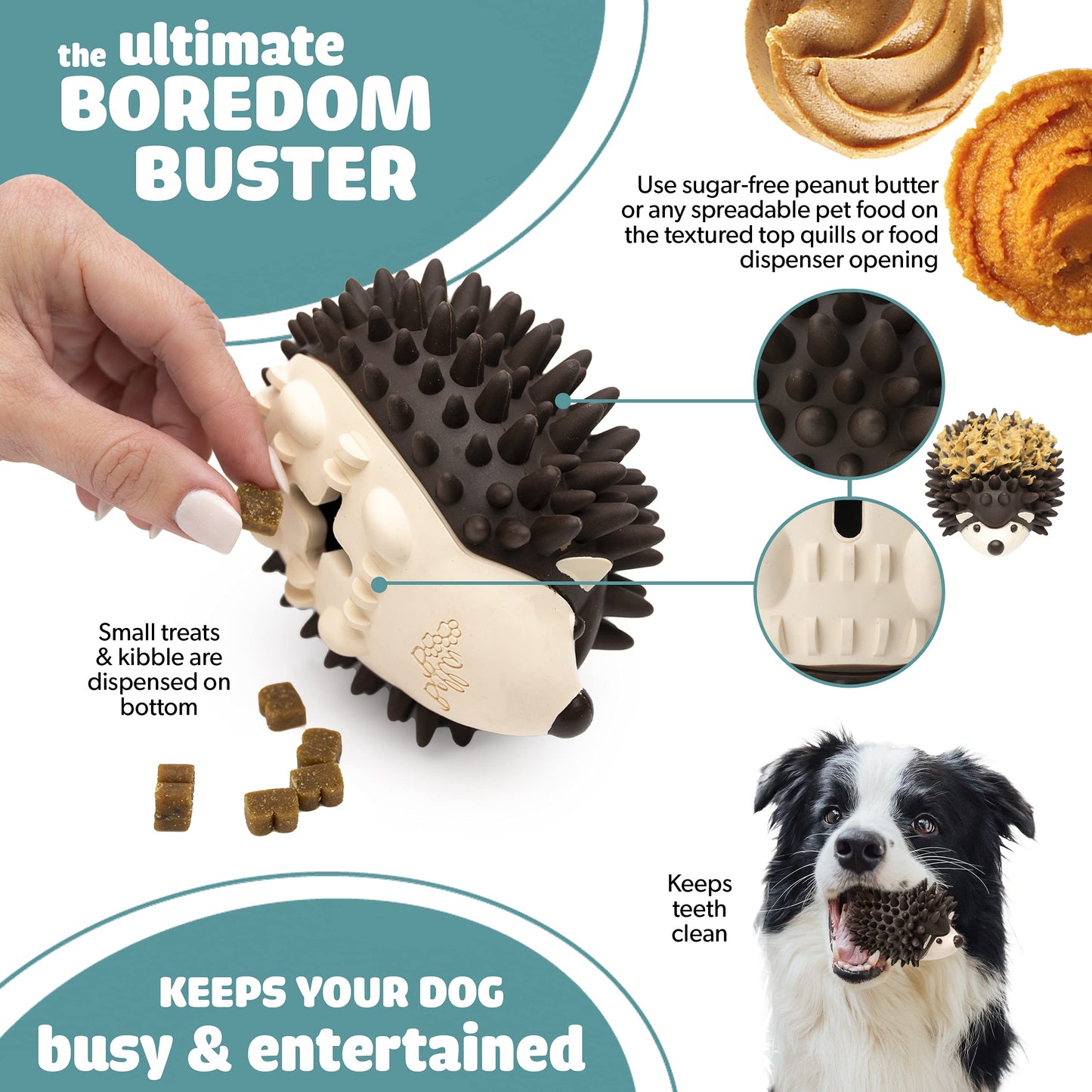 BellaBoo Pets - Juguete interactivo para perros para masticadores fuertes – Freddy The Hedgehog todo en uno + dispensador de alimentos lento rompecabezas de coeficiente intelectual para perros + juguete dental para masticar perros de raza mediana y grande