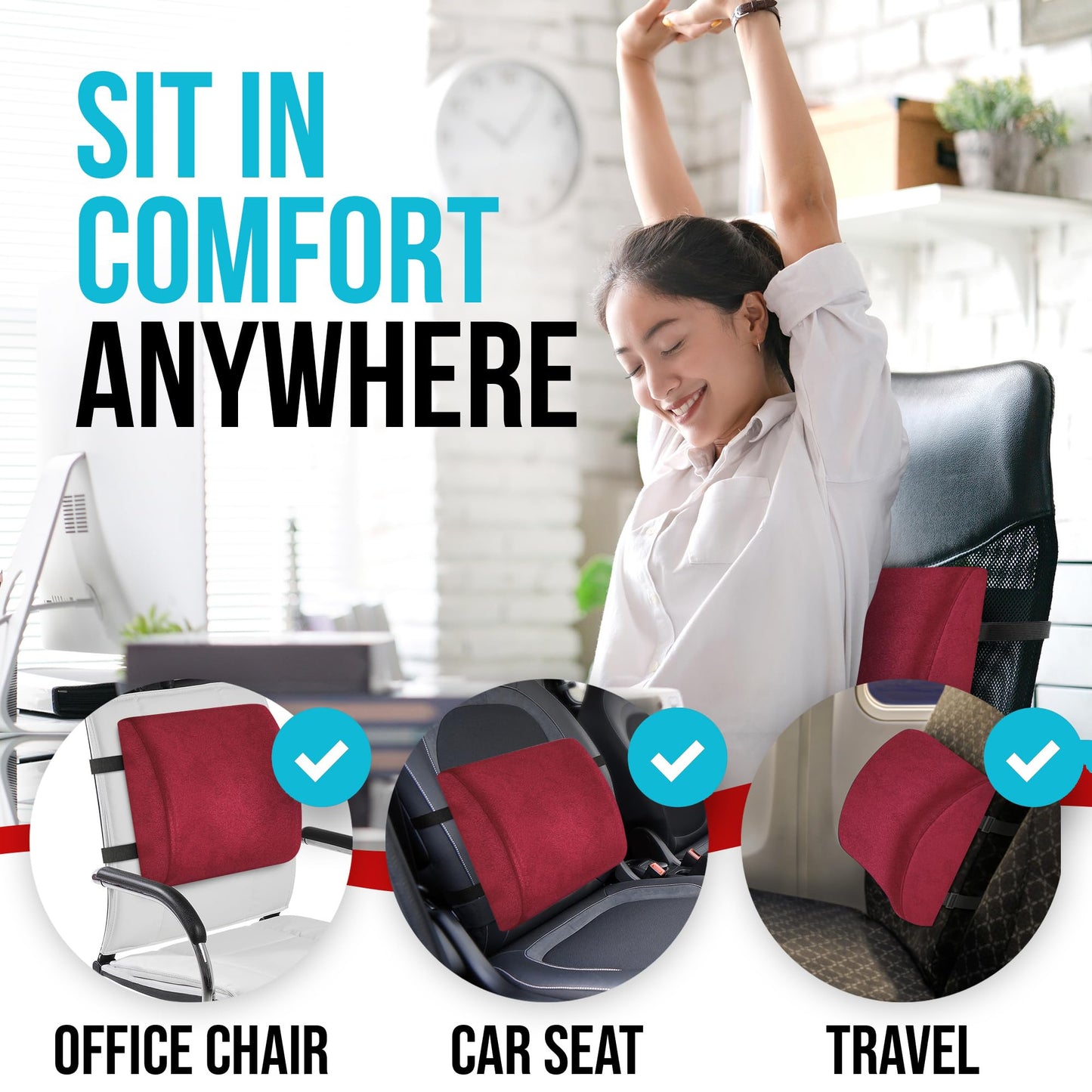 FORTEM Cojín Lumbar de Silla de Oficina, Almohada de Apoyo Lumbar, Cojín Lumbar para Silla de Escritorio, Almohada Viscoelástica para la Espalda, Funda Lavable (Rojo)