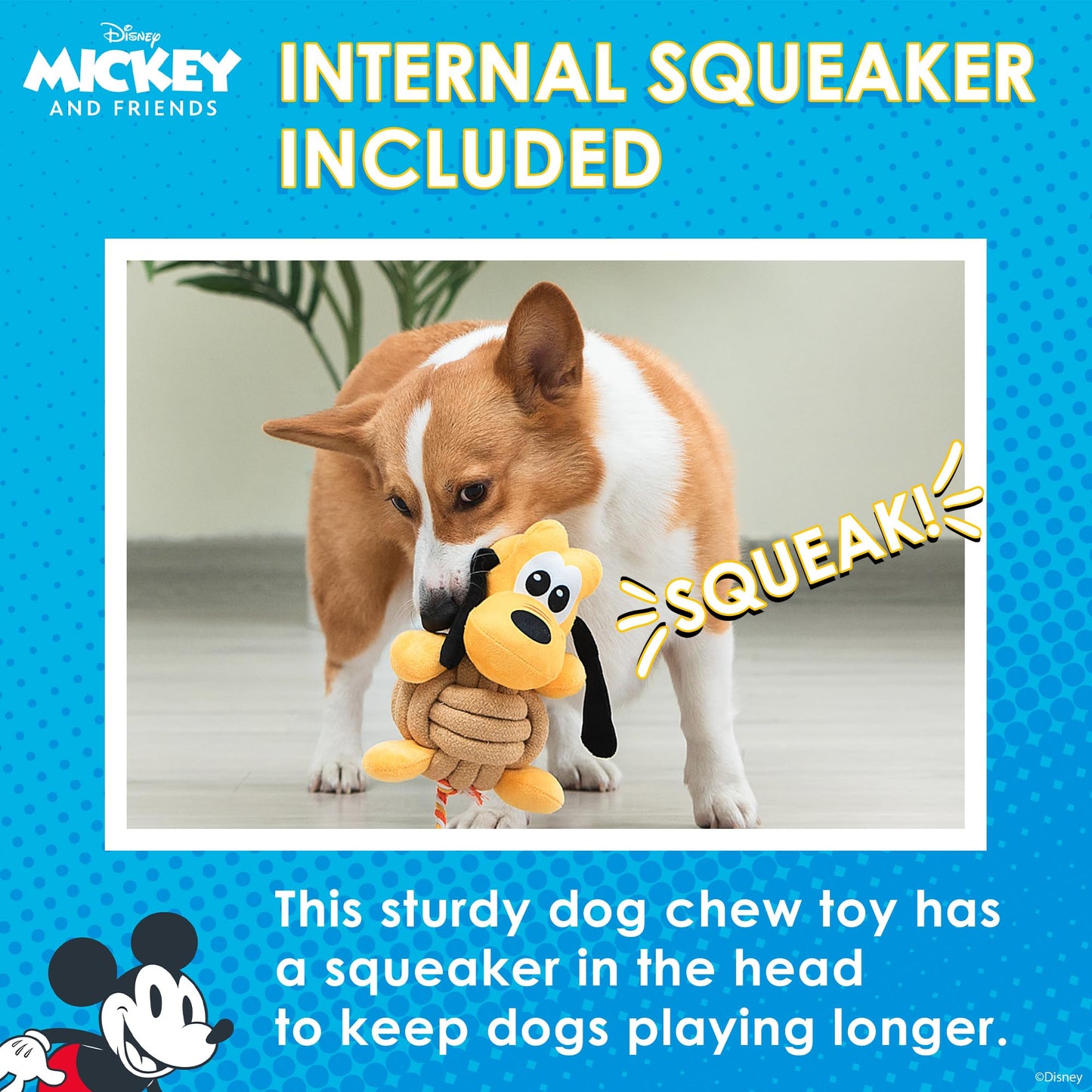 Disney for Pets Pluto Knotty Rope Juguete para Mascotas con chirriador, 9 Pulgadas | Juguetes chirriantes para Perros | Juguete de Cuerda para Perros Inspirado en Plutón de Mickey y Amigos