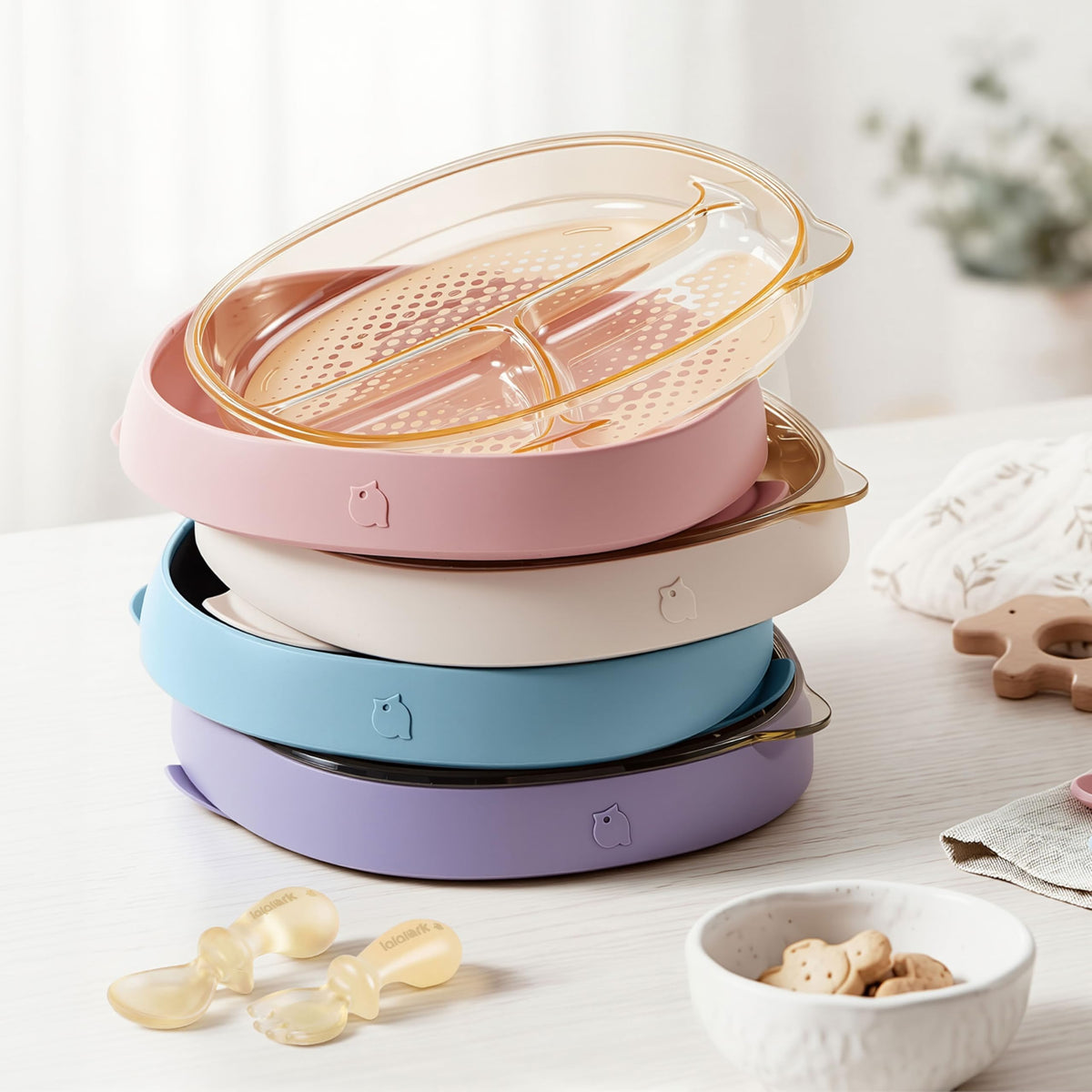 Platos y utensilios de PPSU 3 en 1, placas de succión para niños pequeños de grado biberón de alta calidad con tenedor de cuchara, platos de silicona basados en escenarios para autoalimentación