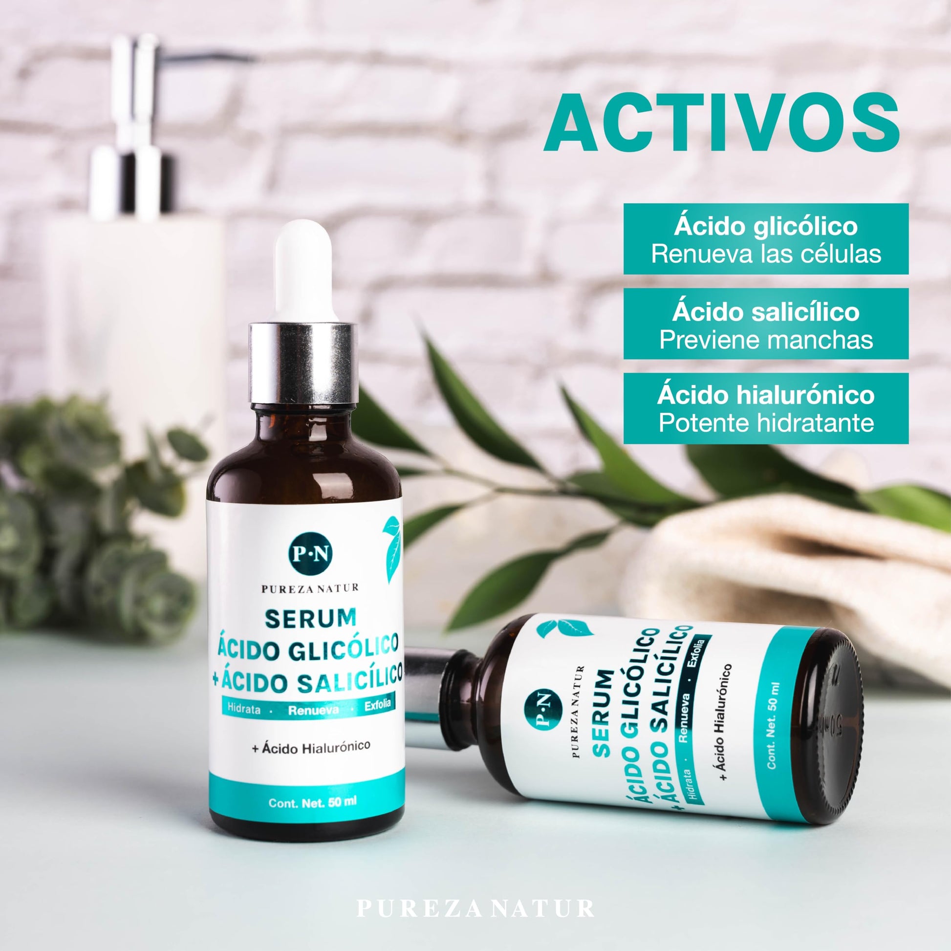 PUREZANATUR Serum facial Ácido glicólico + Salicílico hidratante 50ml | Suero antiedad con AHA, BHA, Acido hialurónico reductor de sebo skincare