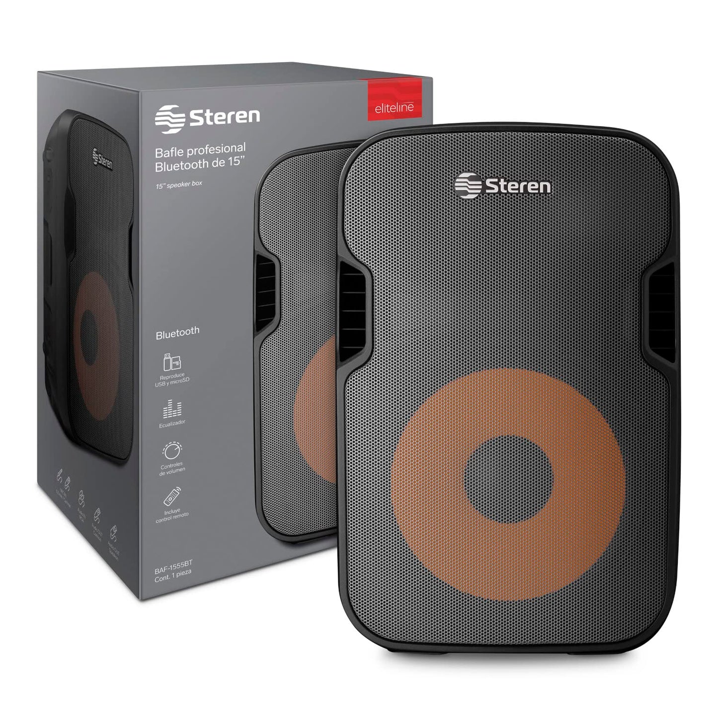 STEREN BAF-1555BT Bafle 15" 3000 W PMPO Bluetooth woofer y Tweeter, MP3 por microSD o USB, Entrada AUX RCA, 6,3 mm para Mic, Crossover, Salida Speakon, Ruedas y agarraderas, Orificio para Pedestal