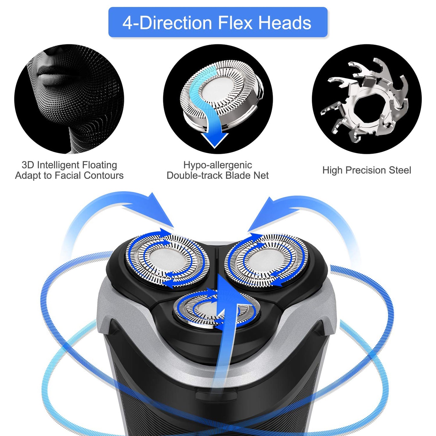 Afeitadora eléctrica para hombres - MAX-T Afeitadora rotativa 3D recargable con cable e inalámbrica para hombres con recortador de patillas emergente húmedo y seco con adaptador de pared 100-240 V
