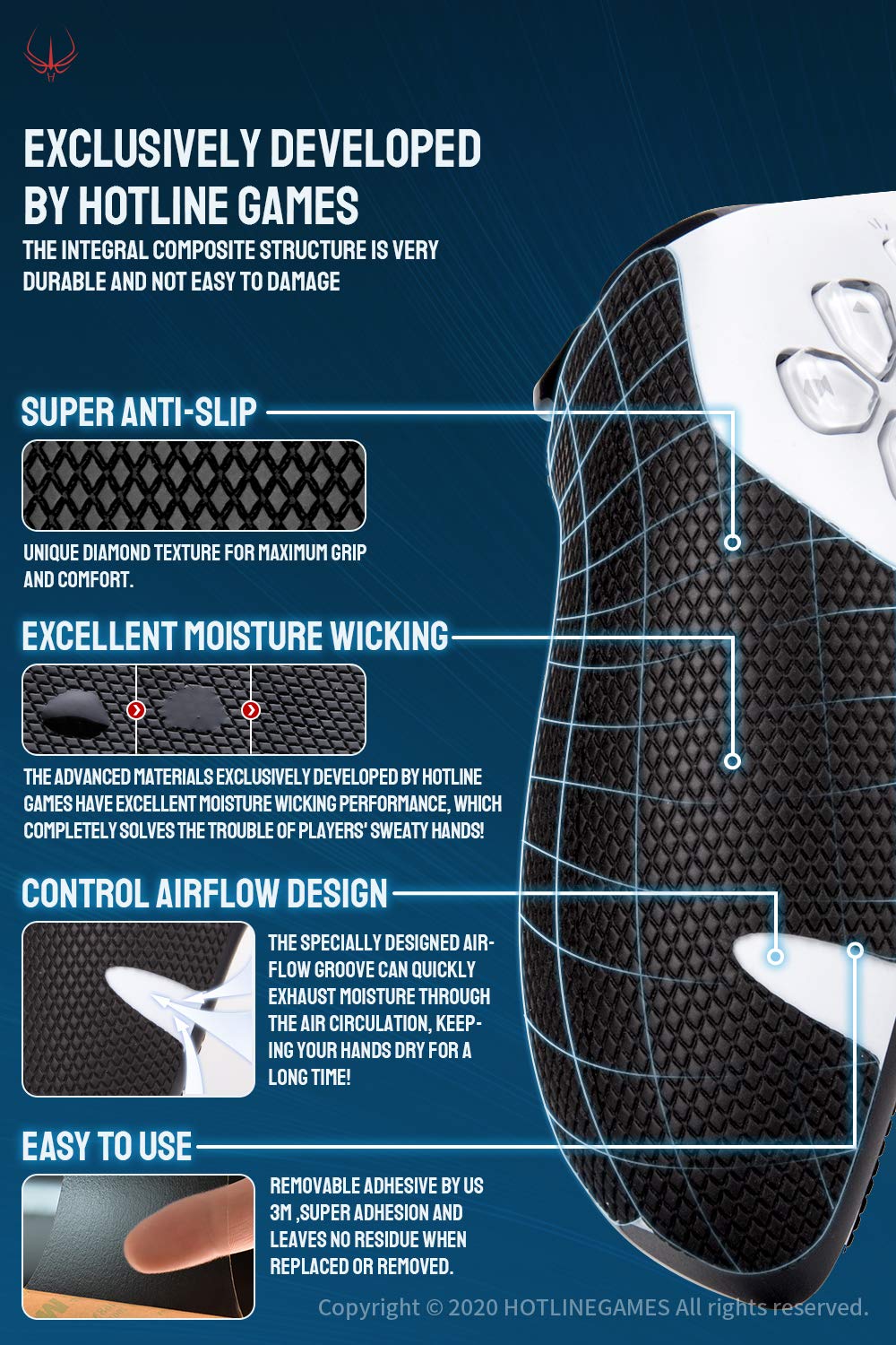 HOTLINEGAMES - Empuñaduras de control compatibles con PS5 Dualsense, accesorios de driver PlayStation 5, kit de piel, cinta de agarre antideslizante, absorbente del sudor, fácil de aplicar
