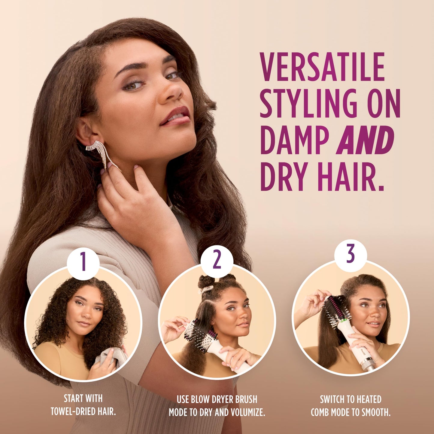 SHARK, Cepillo Secador SmoothStyle, Peine Térmico, Ideal para Todo Tipo de Cabello, Alisa y Da Volumen, 3 Ajustes de Temperatura, Color Seda, HT202