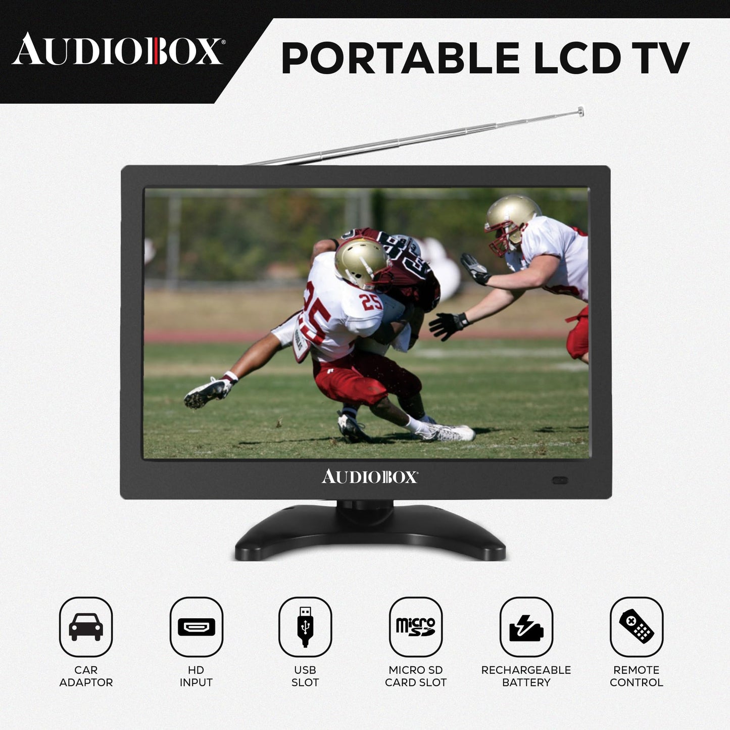 Audiobox - TV portátil de 13 pulgadas | HDMI, VGA, A/V, entradas USB/SD | Salida de 3,5 mm, CA/CC | Incluye: mando a distancia, cargador de coche, adaptador de CA, cables A/V y antena