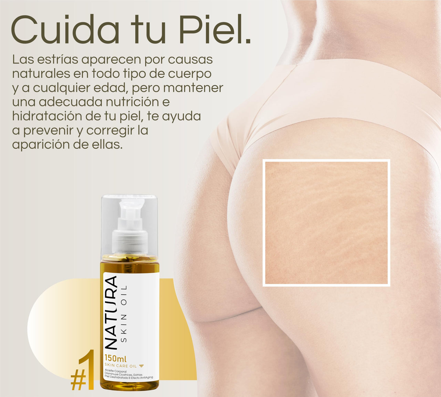 Rouge Co. Aceite Corporal Anti Estrías y Cicatrices Skin Care Reafirmante, No es Grasoso, Hidrata y Nutre Profundamente -Natura Skin Oil 150ml.