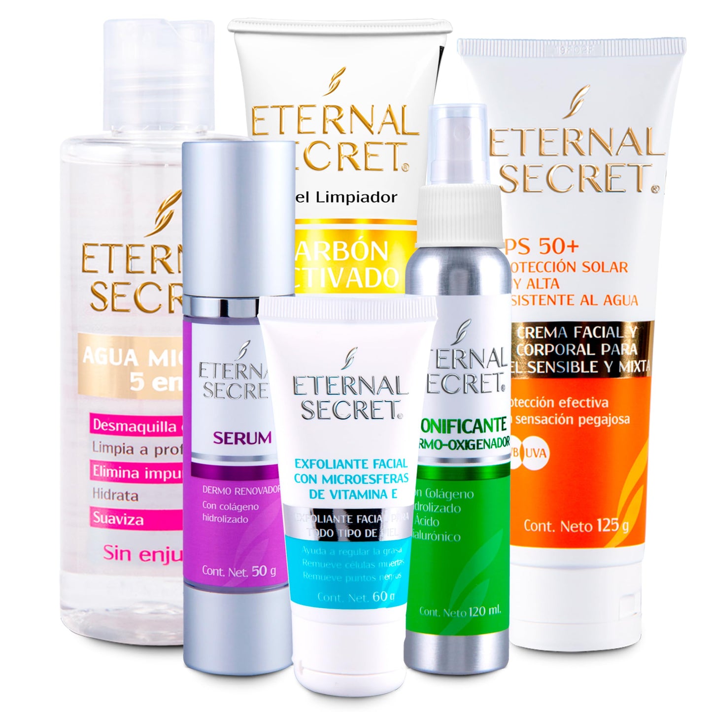 ETERNAL SECRET | KIT Piel Grasa - Incluye 6 Productos de SkinCare | Exfoliante Vitamina E | Protector Solar Facial 50+ | Tonico Facial - Acido Hialuronico | Serum Facial | Limpiador Facial Piel Grasa