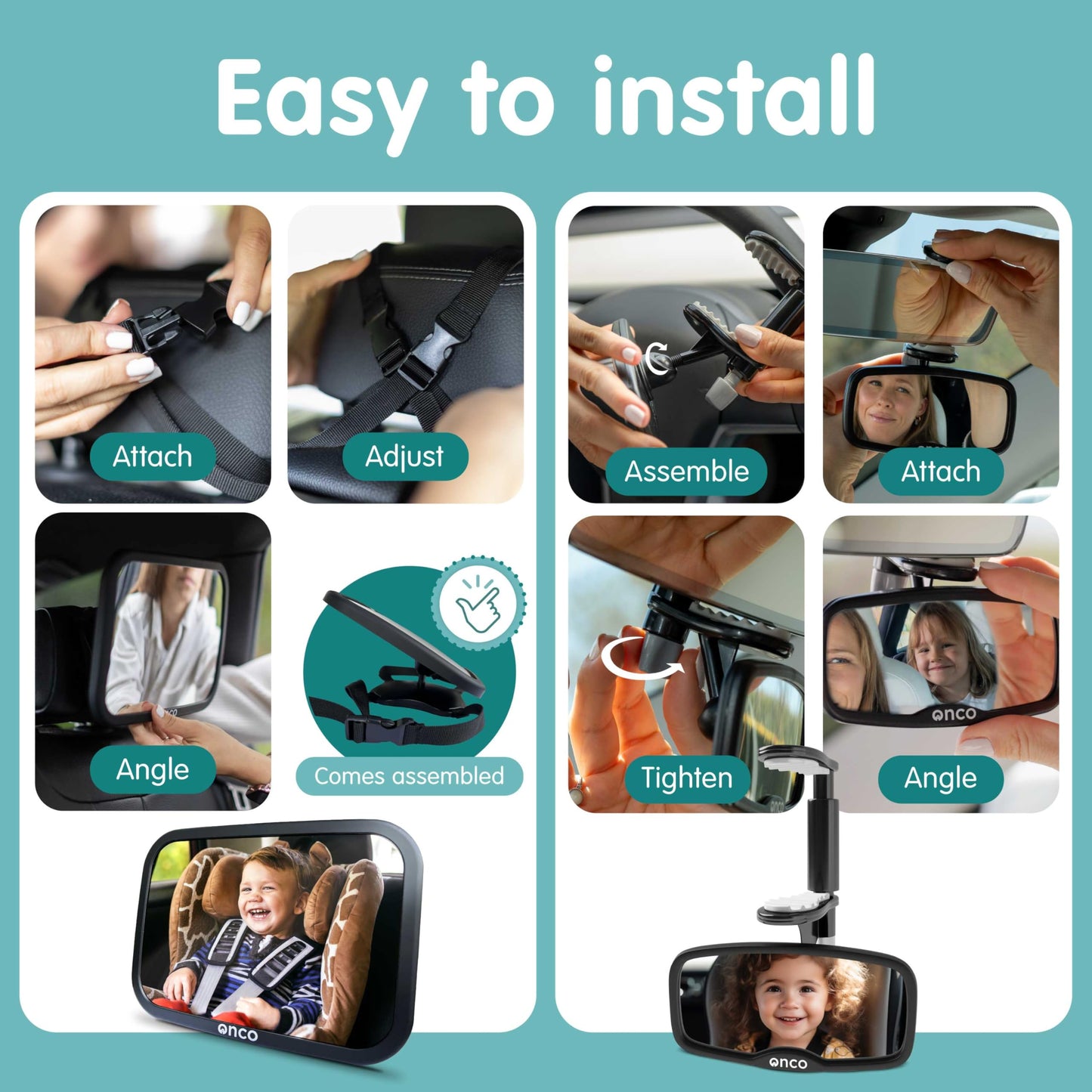 Onco - Juego de espejos para coche para bebé, retrovisores y delanteros, doble premiado, 100% inastillables y a prueba de sacudidas, rotación de 360°, vista convexa ancha, esenciales para recién