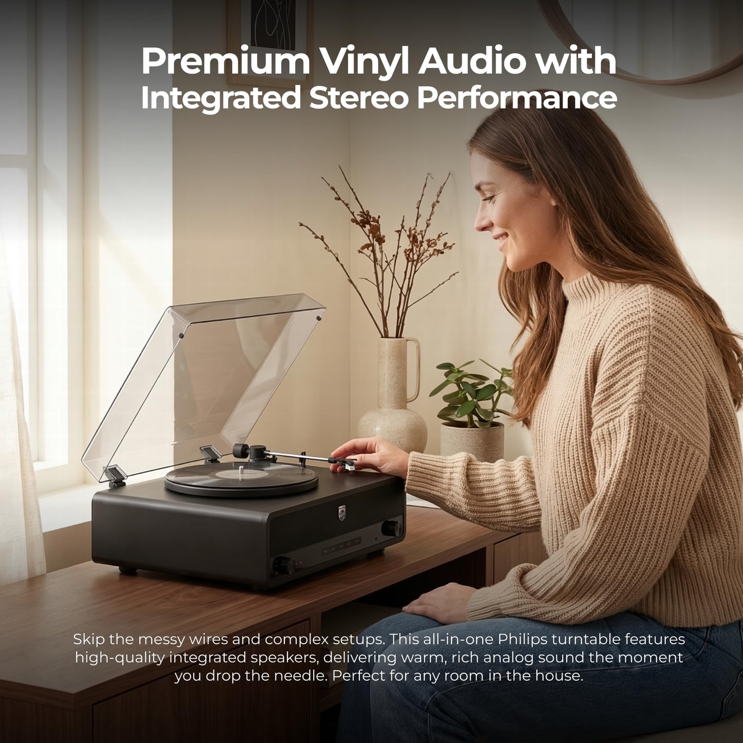 Philips Reproductor de grabación de tocadiscos Bluetooth todo en uno con altavoces integrados, reproductor de vinilo de 3 velocidades, lápiz Audio-Technica, entrada y salida de transmisión inalámbrica