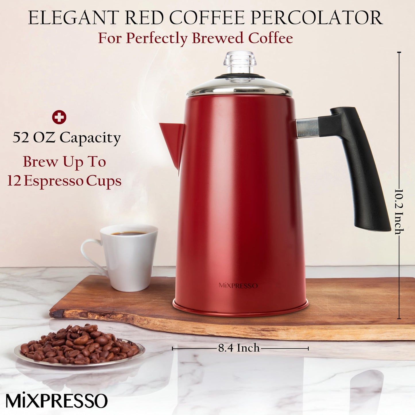 Percolador de Café Mixpresso Rojo con Mango de Tacto Frío de Acero Inoxidable 50 Onzas