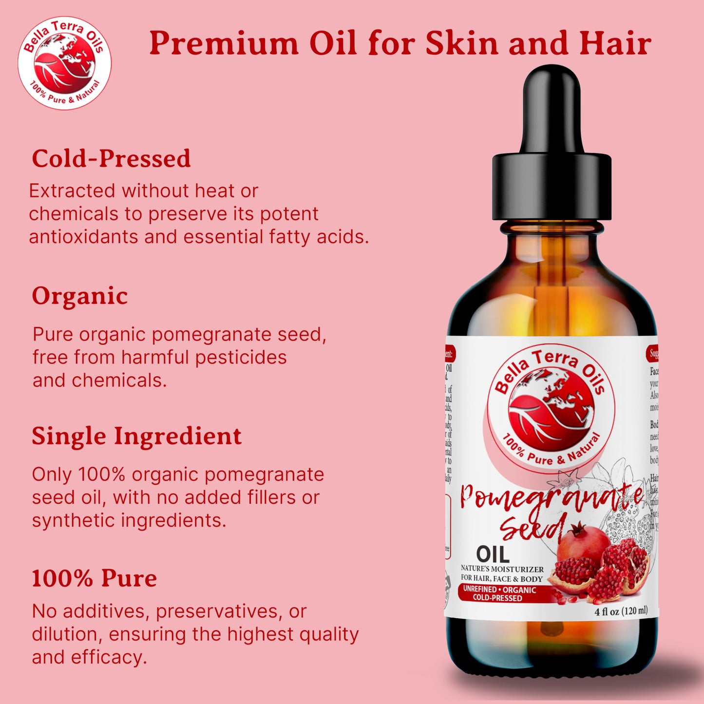 NEW Pomegranate Seed Oil. 16oz. Cold-pressed. Unrefined. Organic. 100% Pure. Rich in Antioxidants. Hexane-free. Rejuvenates Skin. Softens Hair. Natural Moisturizer. For Hair, Skin, Stretch Marks.