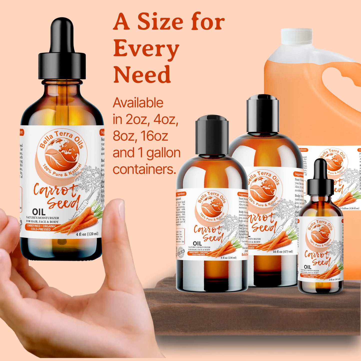 NEW Carrot Seed Oil. 4oz. Cold-pressed. Unrefined. Organic. 100% Pure. Daucus Carota. Hexane-free. Rejuvenates Skin and Softens Hair. Natural Moisturizer. For Hair, Face, Body, Nails, Stretch Marks.
