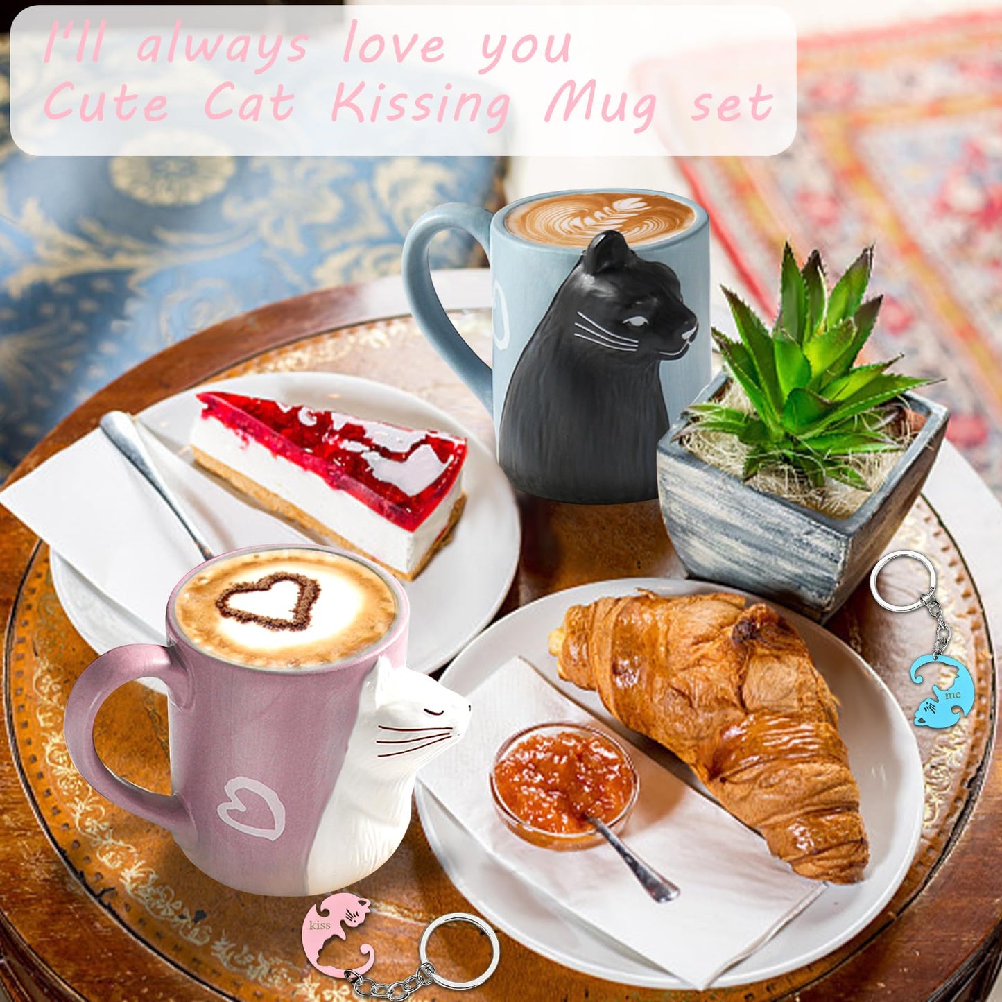 Juego de tazas de café con diseño de gato beso, juego de tazas de cerámica para novia y novio, regalo a juego para cumpleaños, aniversario, boda, compromiso, día de San Valentín, novia, esposa (taza de gato)