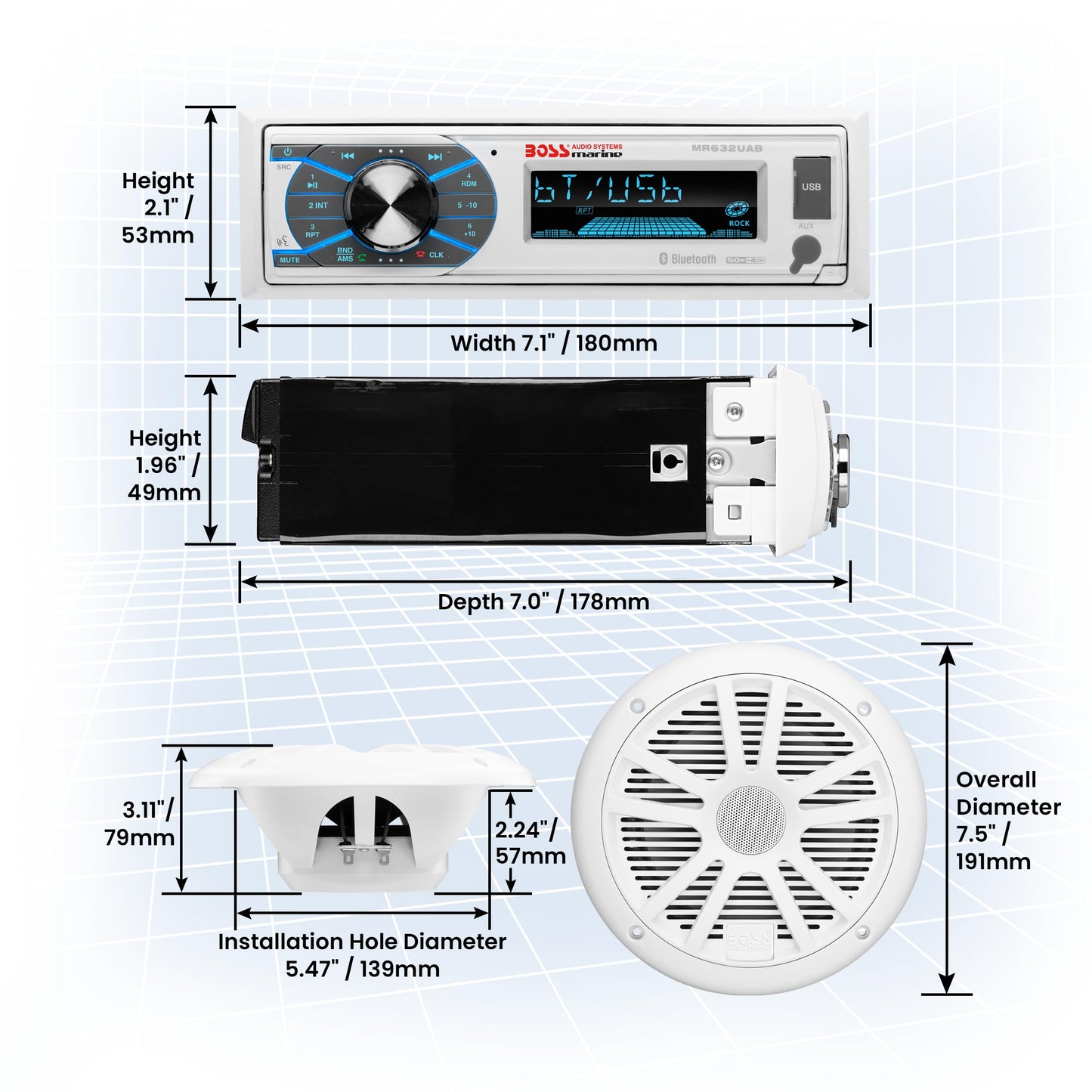 BOSS Audio Systems MCK632WB.6 - Receptor y altavoz marino resistente a la intemperie - Bluetooth Audio, USB, MP3, AM FM, entrada auxiliar, sin reproductor de CD, altavoces de 6,5 pulgadas resistentes a la intemperie, antena dipolo marino