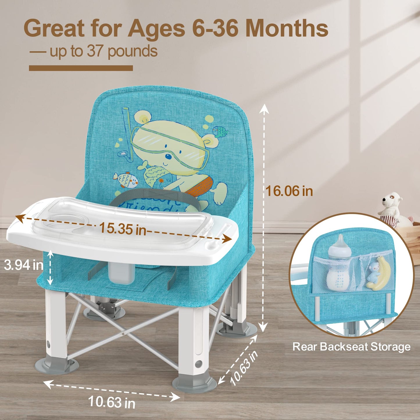 BabyBond - Asiento elevador de viaje para bebé con doble bandeja, silla de bebé portátil mejorada, asiento elevador para mesa de comedor, silla de bebé estable y plegable para interiores y exteriores