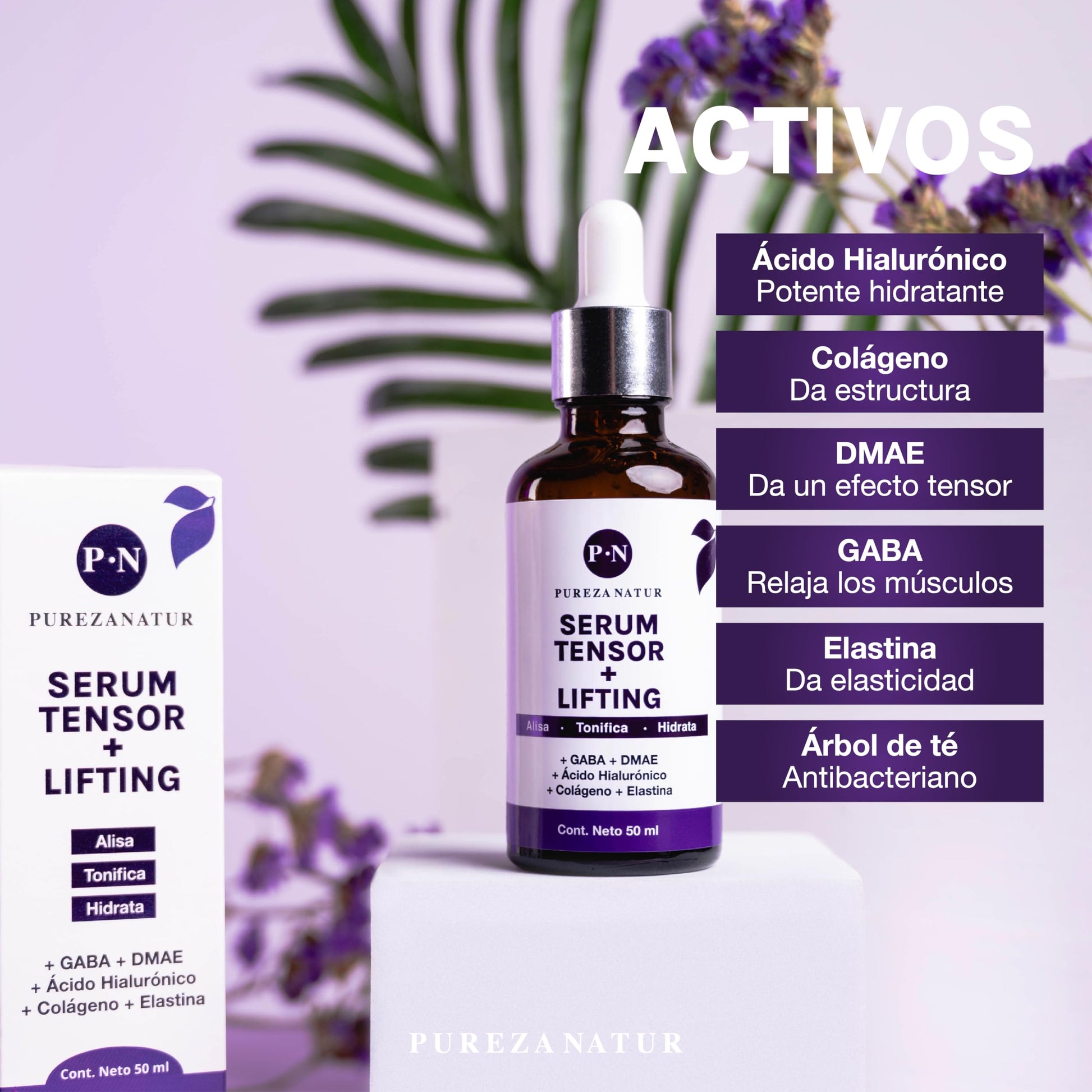PUREZANATUR Suero facial Efecto Tensor Lifting con Gaba Y DMAE + Acido hialurónico, colágeno y elastina | Serum hidratante que aporta elasticidad 50ml (50ml)
