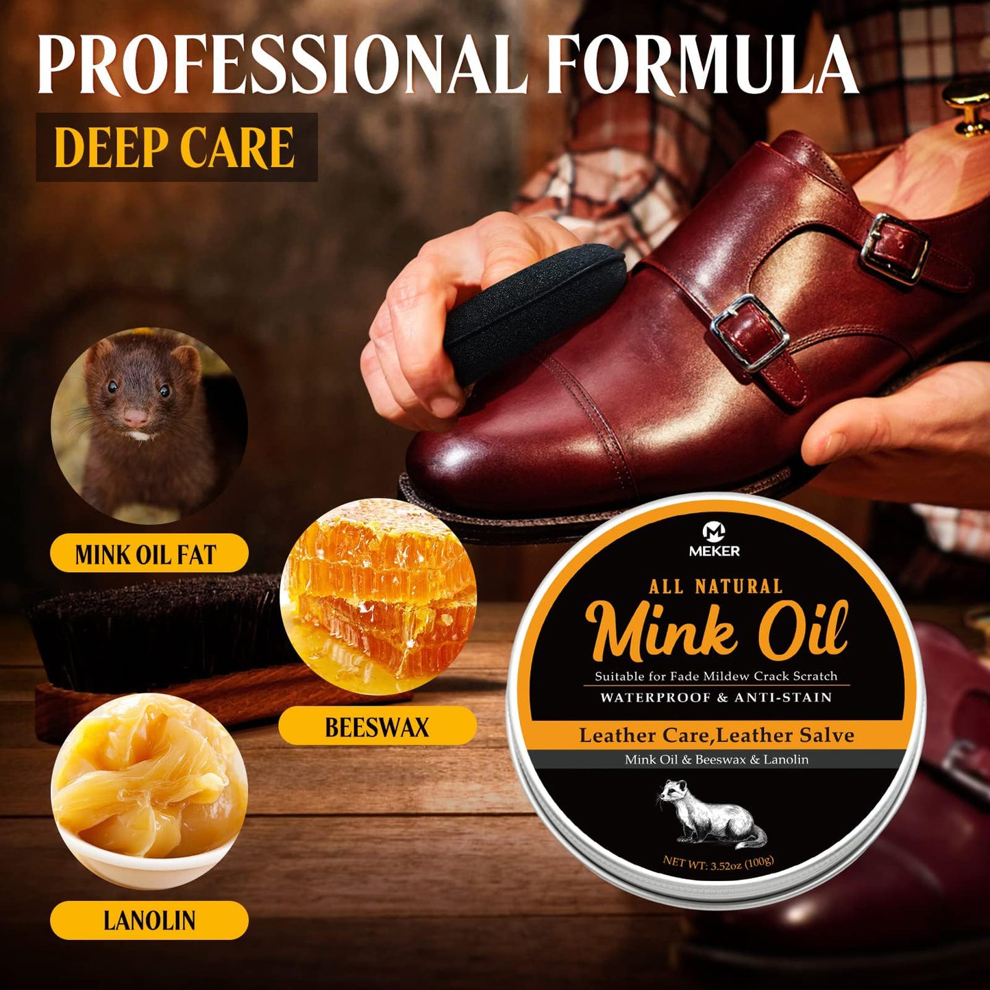 MEKER Aceite de visón para botas de piel, acondicionador de piel y limpiador de 3.5 onzas, totalmente natural, impermeable, suavizan y restauran los zapatos, Blanco, 100g