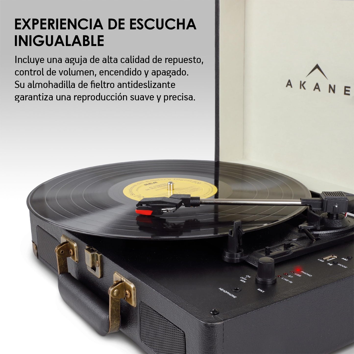Akane Tocadiscos Vinyl Bluetooth Portátil con Bocinas Estéreo Integradas, Diseño Vintage de Maletín, Puerto USB, Salida de Audífonos y RCA, Entrada Auxiliar, Tornamesa para Vinilo de 3 Velocidades