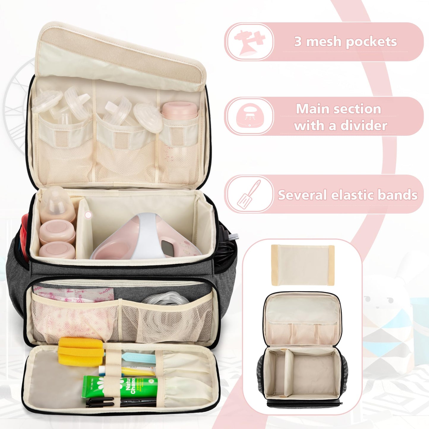 Luxja - Bolsa para extractor de leche compatible con Spectra S1 y S2, bolsa de bombeo para extractor de leche y piezas adicionales (adecuada para uso doméstico o de viaje), gris (pendiente de patente)
