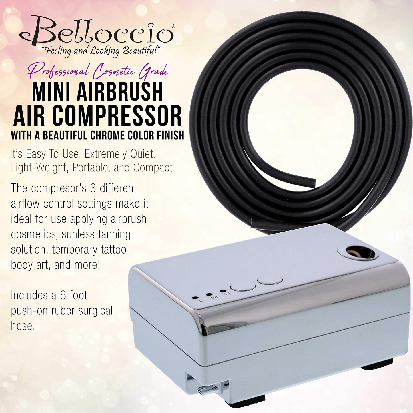 Super Quiet Mini Airbrush Compressor 3 Airflow Control Settings, 6' Push on Rubber Airbrush Hose, Operates at 12V DC with a 110V AC plug in Adapter by Belloccio
