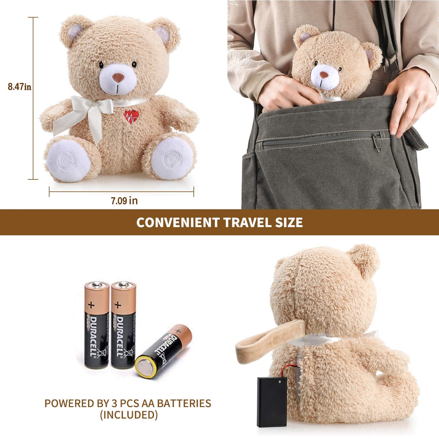 BEREST - Chupete de ayuda para dormir activado, máquina de ruido blanco, regalo de animales de peluche para bebé, juguete de oso con decoración de guardería, luz nocturna, latidos del corazón del