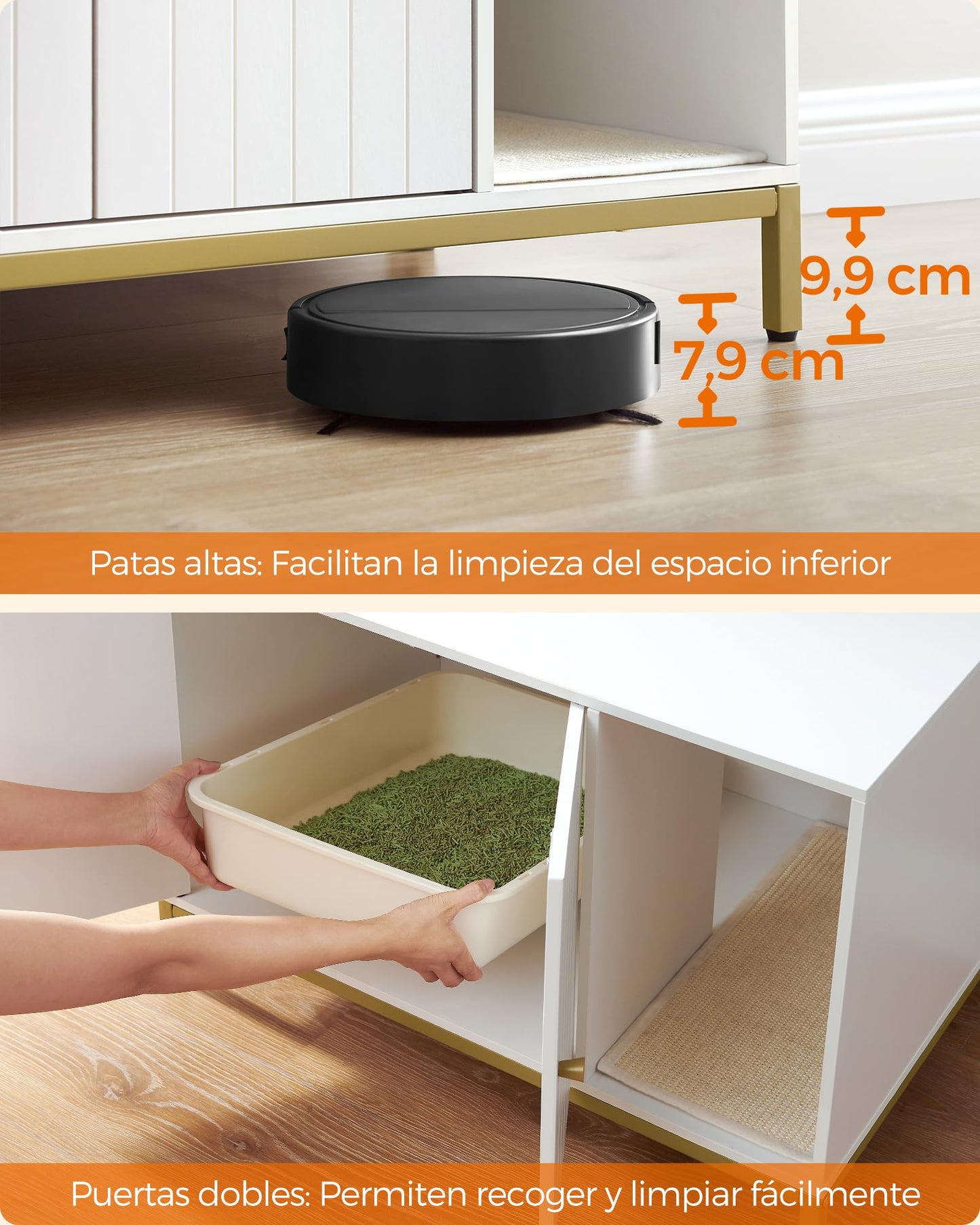 Feandrea Mueble Arenero, Mueble de Caja Arenero para Gatos,con Alfombrilla Rascadora, Patas Altas, 80 x 50 x 55 cm, Blanco y Dorado MPCL007W01