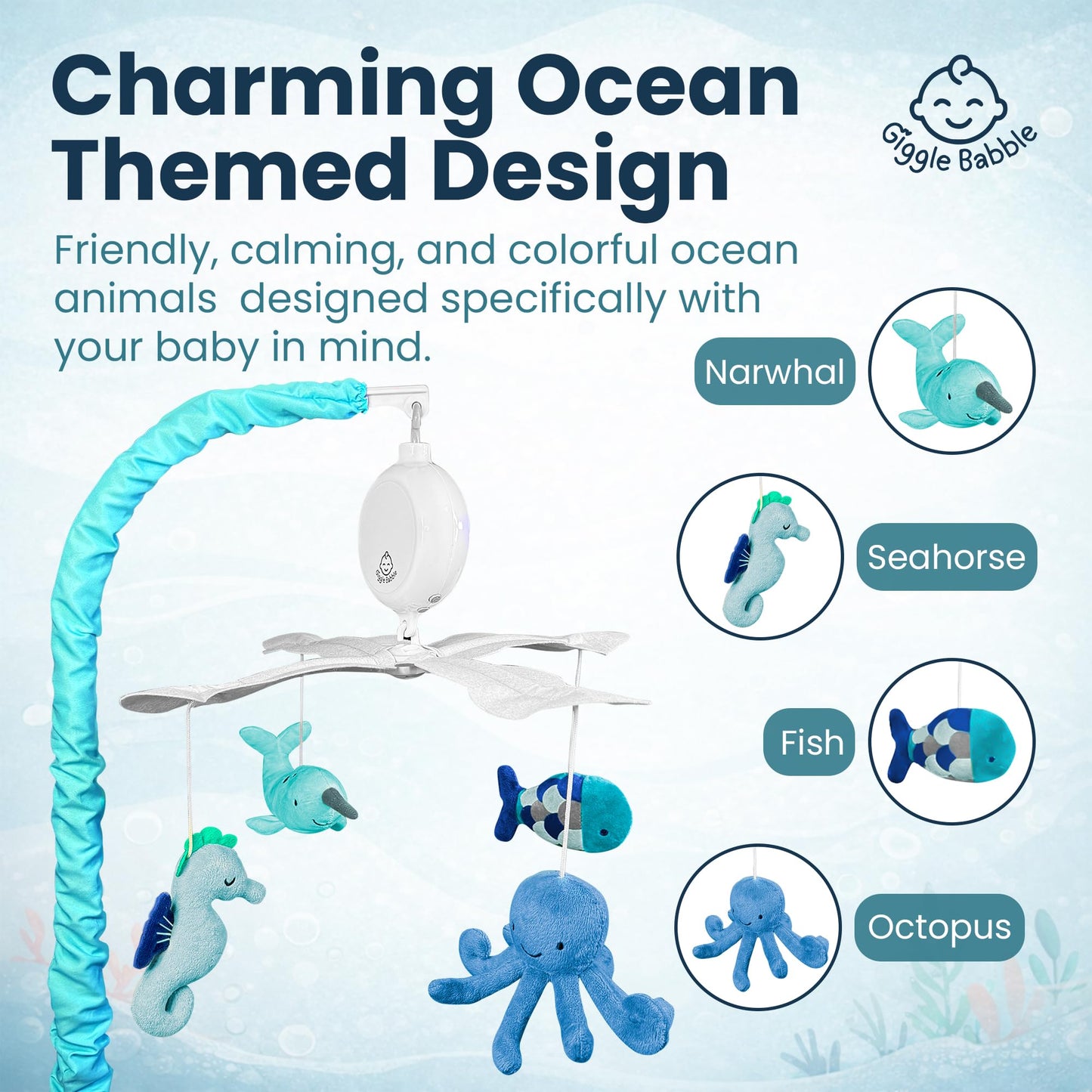 Giggle Babble Ocean - Móvil para bebé con música, cuna náutica calmante con animales marinos, canciones de cuna calmantes para dormir tranquilo, decoración de guardería para niños o niñas