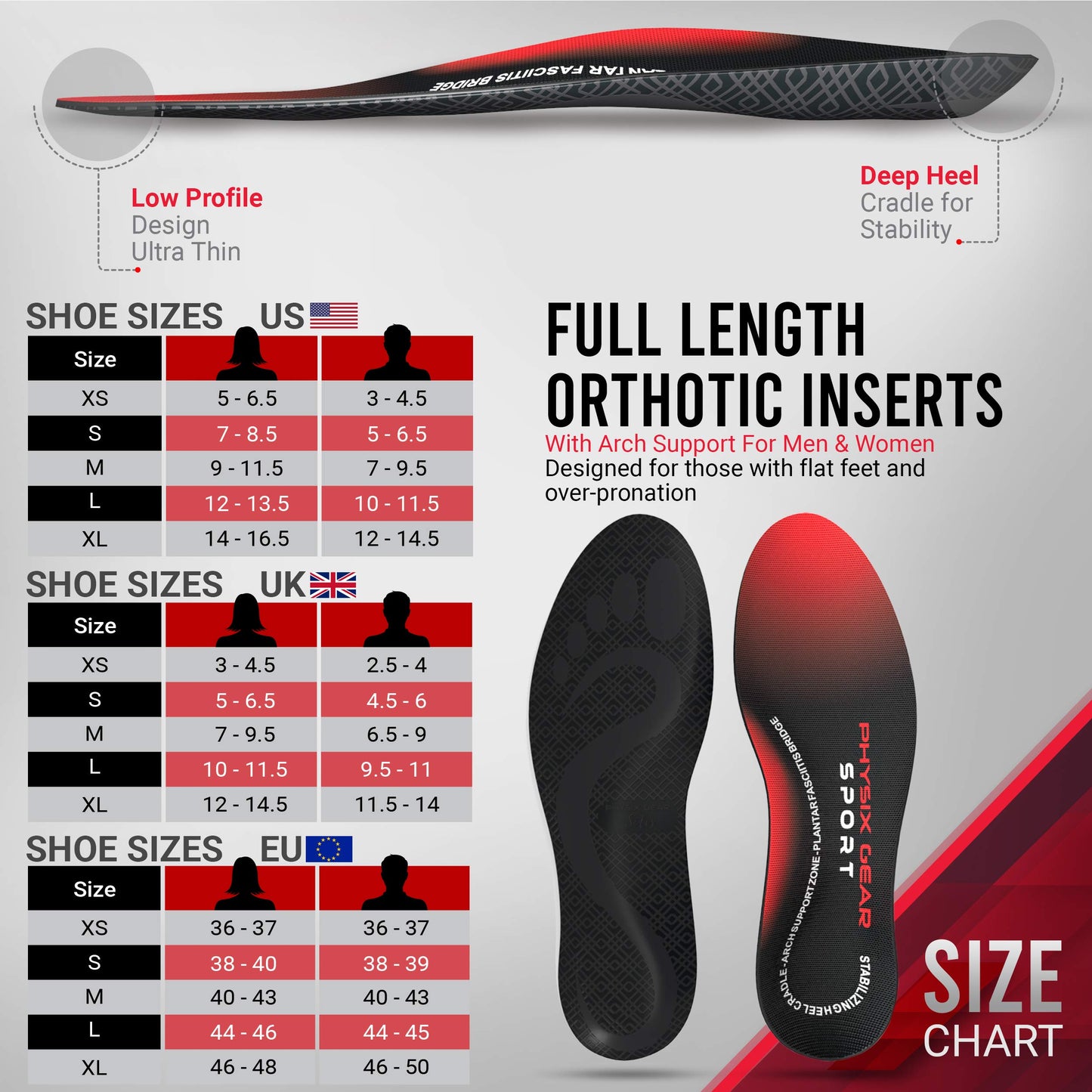 Plantillas Ortopédicas Physix Gear Sport Negras para Fascitis Plantar y Arco Plantar para Mujer
