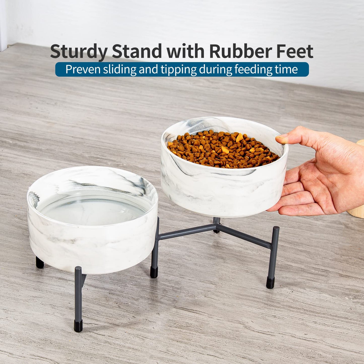 Cuencos de cerámica para perros y gatos de 32 onzas con soporte de metal elevado, juego de cuencos redondos de porcelana de 6 pulgadas, cuencos de alimentación para mascotas para gatos y perros, gris mármol, juego de 2