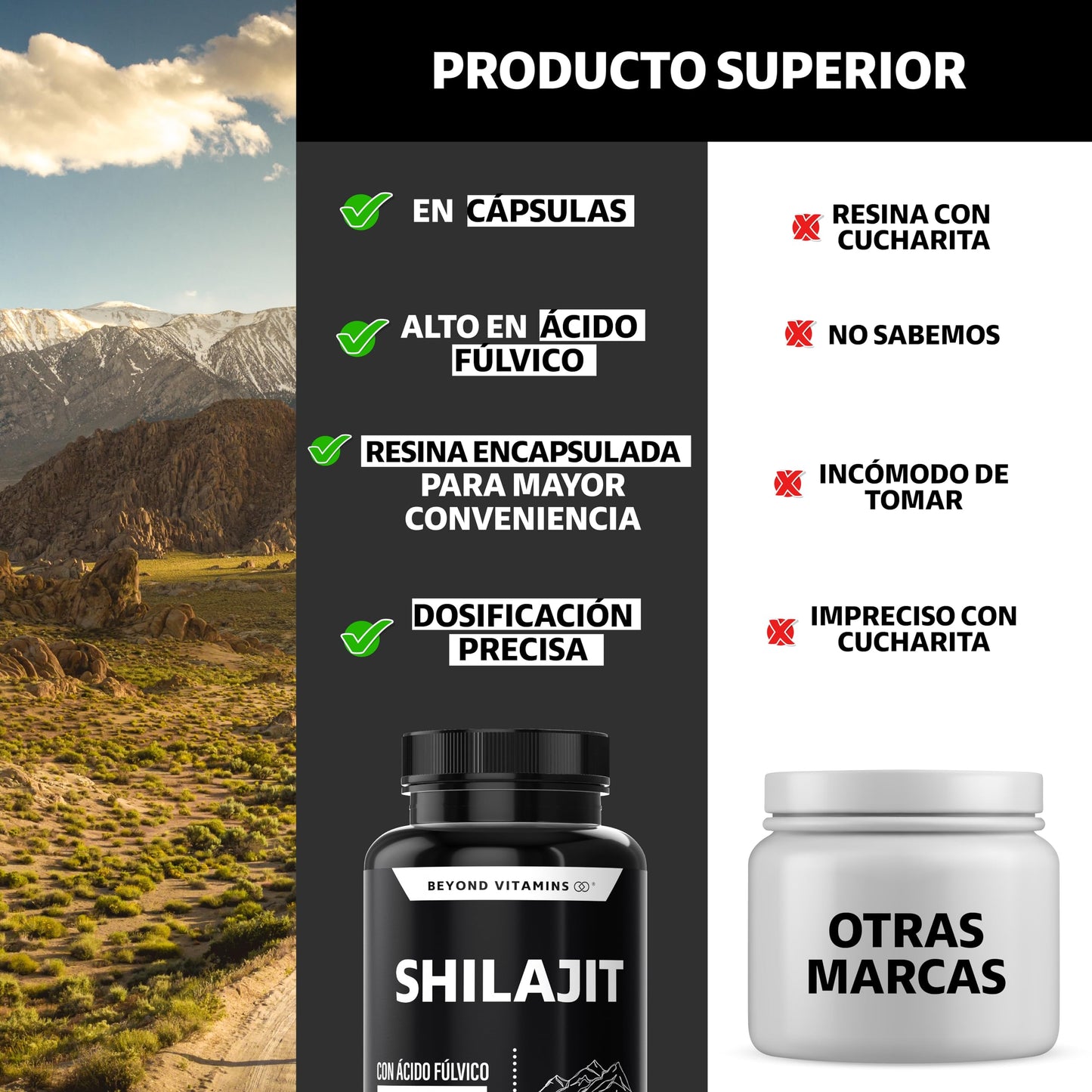 Beyond Vitamins | Shilajit Puro del Himalaya | Extracto de Resina de Shilajit en polvo y encapsulado para mayor conveniencia | Alto en Ácido fúlvico | 2 meses