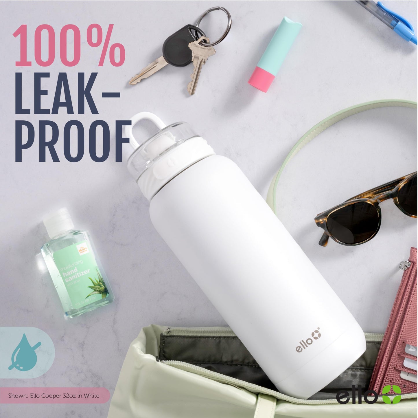 Ello Cooper - Botella de agua de acero inoxidable de 32 onzas con popote y asa de transporte, doble pared y metal aislado al aspiradora, tapa de bloqueo a prueba de fugas con boquilla de silicona