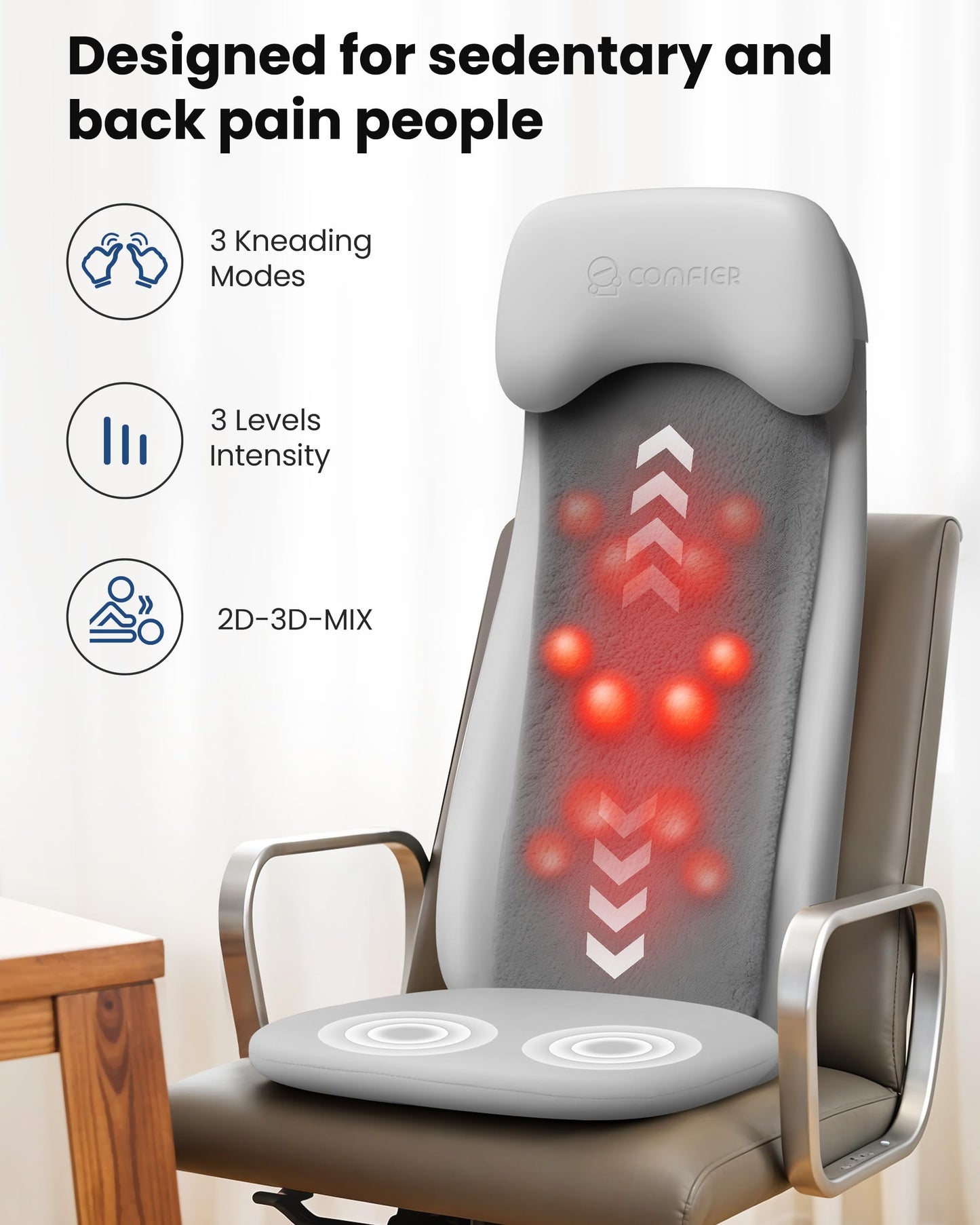 COMFIER - Masajeador de espalda con calor, cojín de asiento de masaje Shiatu 2D/3D, 2 modos de masaje automático, masajeador de espalda completa con vibración, almohadilla de silla de amasamiento de