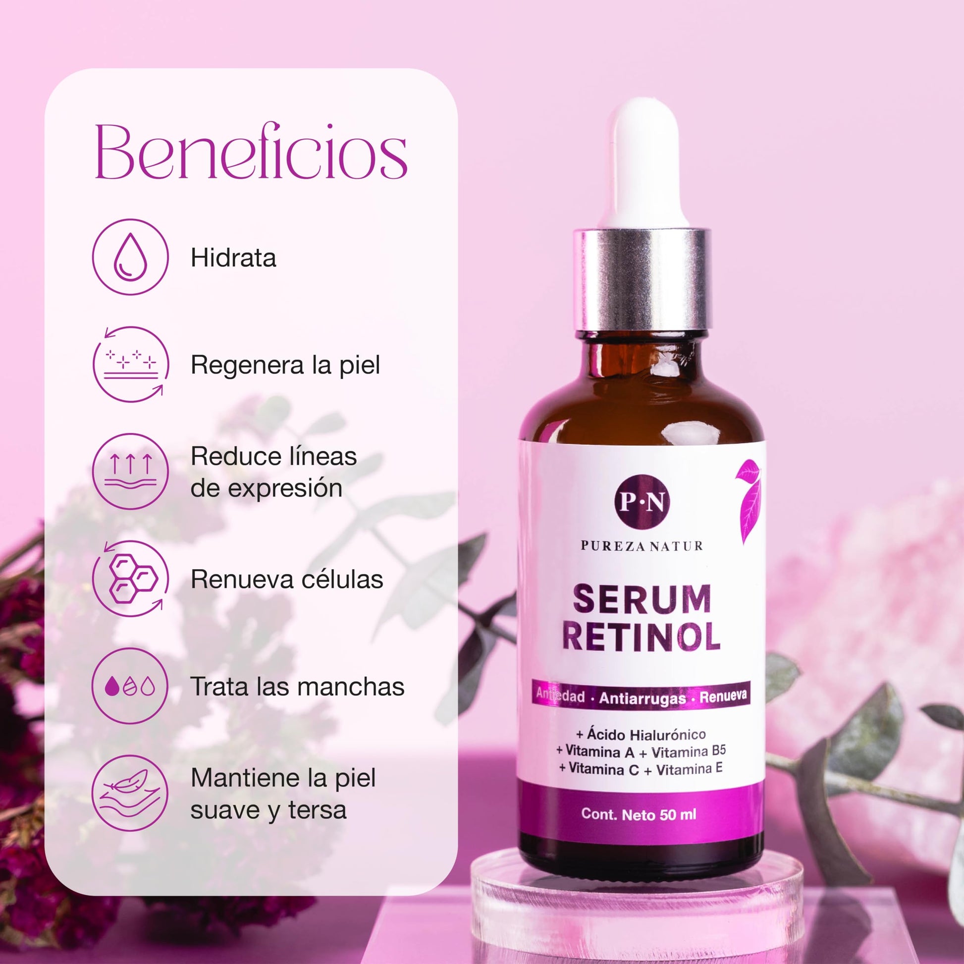 Suero Facial Hidratante Pureza Natur Retinol Vitaminas Acido Hialurónico Reductor de Líneas para Mujer