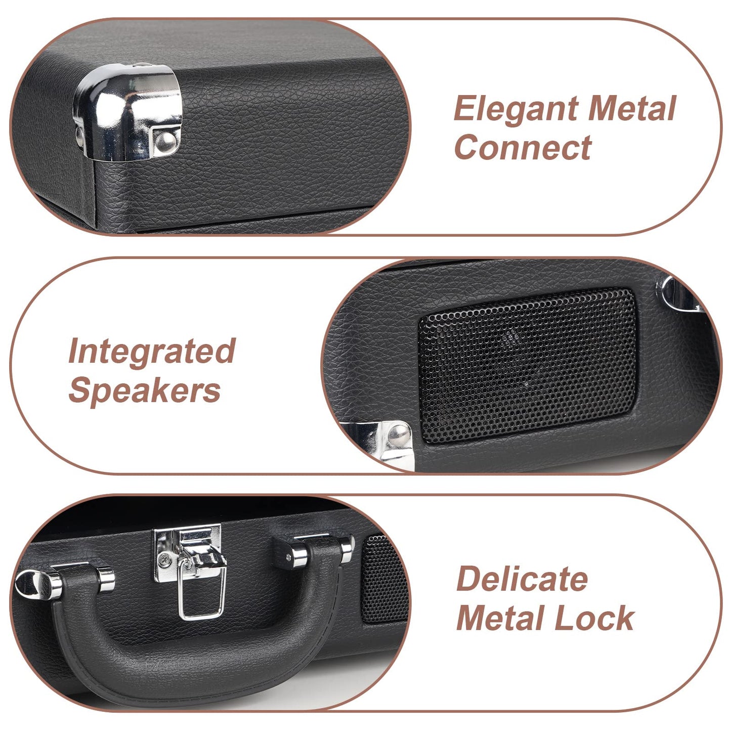 DIGITNOW Reproductor de grabación de tocadiscos de 3 velocidades con altavoces estéreo integrados, soporta salida USB/RCA, conector para auriculares, MP3/teléfonos móviles, reproducción de música, diseño de maleta (negro)