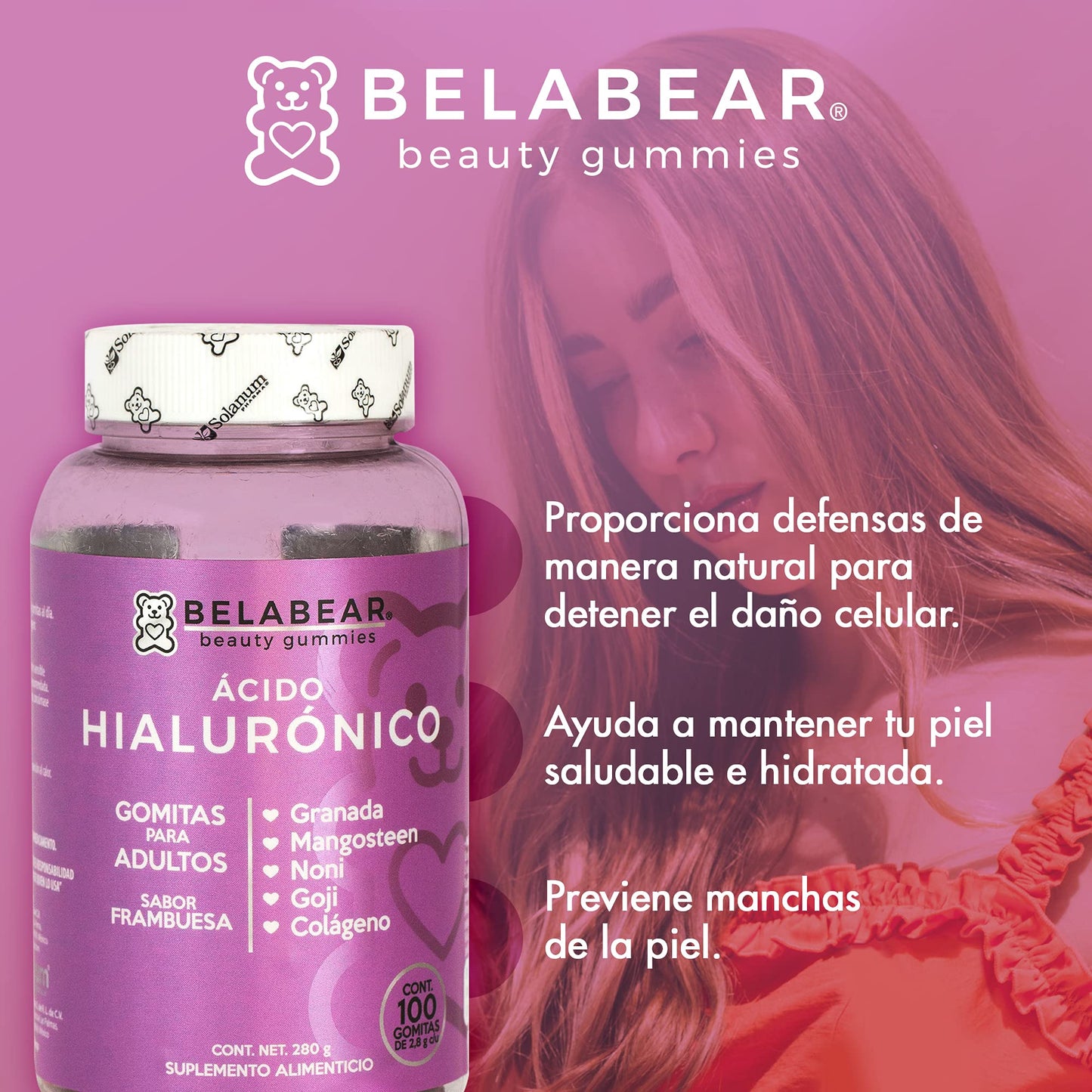 Belabear Ácido Hialurónico - Sabor Frambuesa - Granada, Mangosteen, Noni, Goji, Colágeno - 100 Gomitas